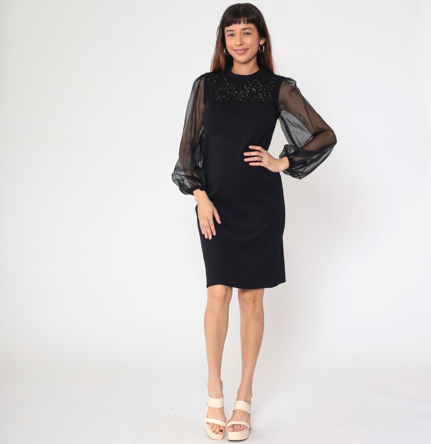 60s R & K Knits Black Sheath Dress Soutache Organza Sleeves Small