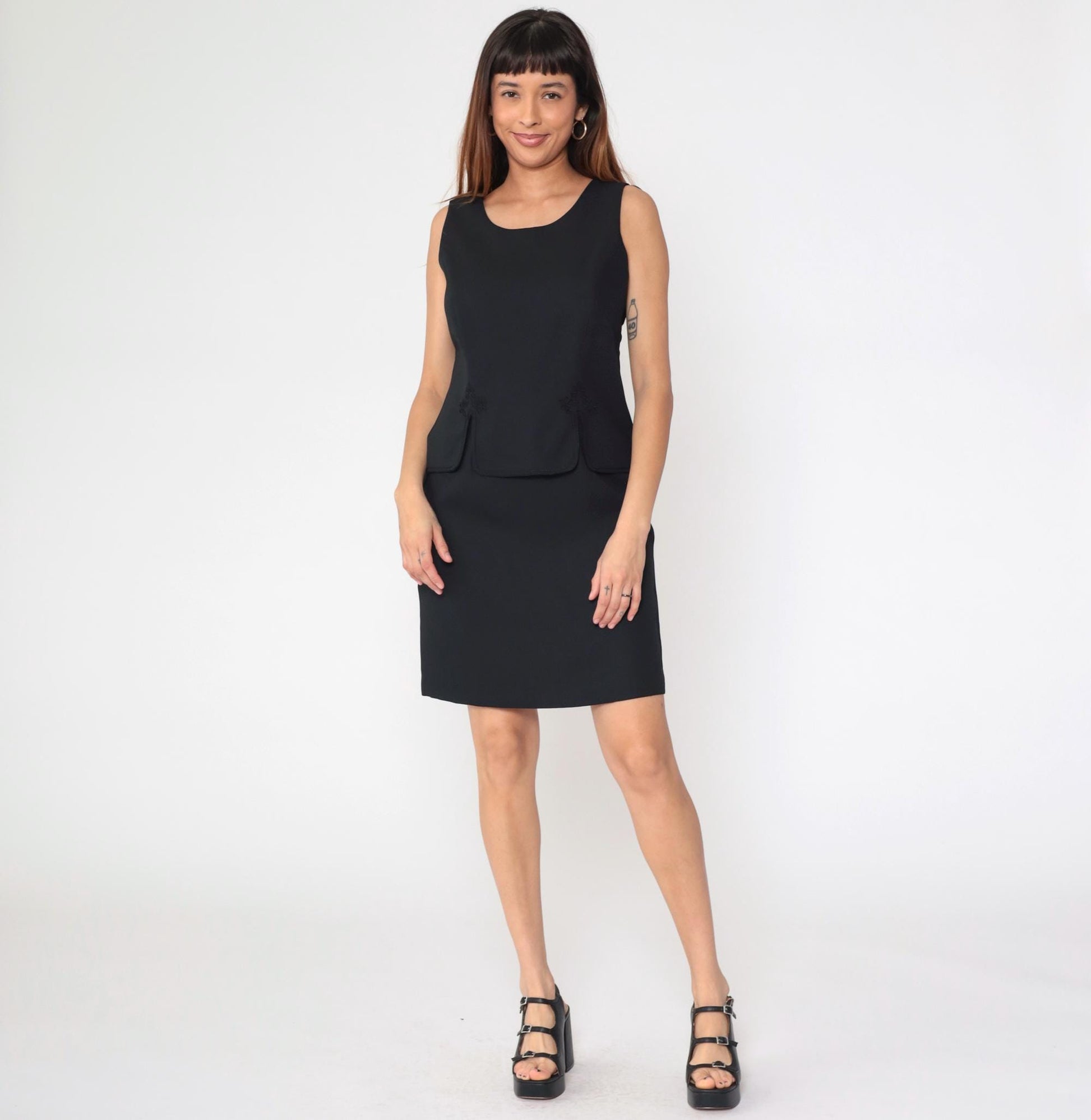 90s Black Mini Dress Soutache Trim Sleeveless Sheath Medium M
