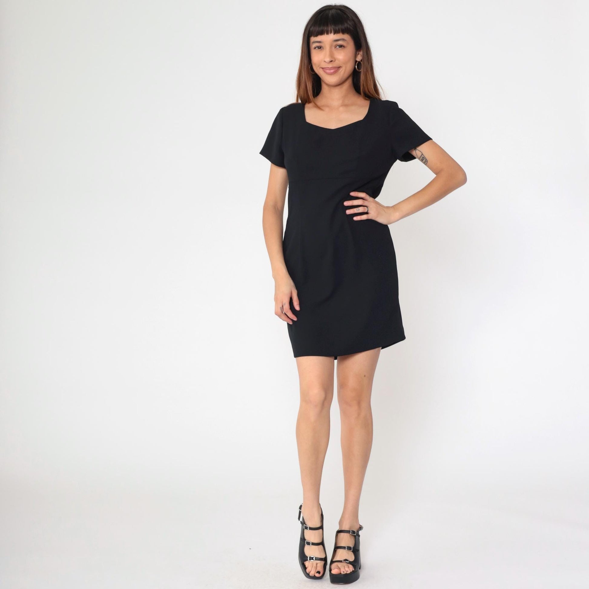 90s Black Mini Sheath Dress Empire Waist Short Sleeve Medium Petite