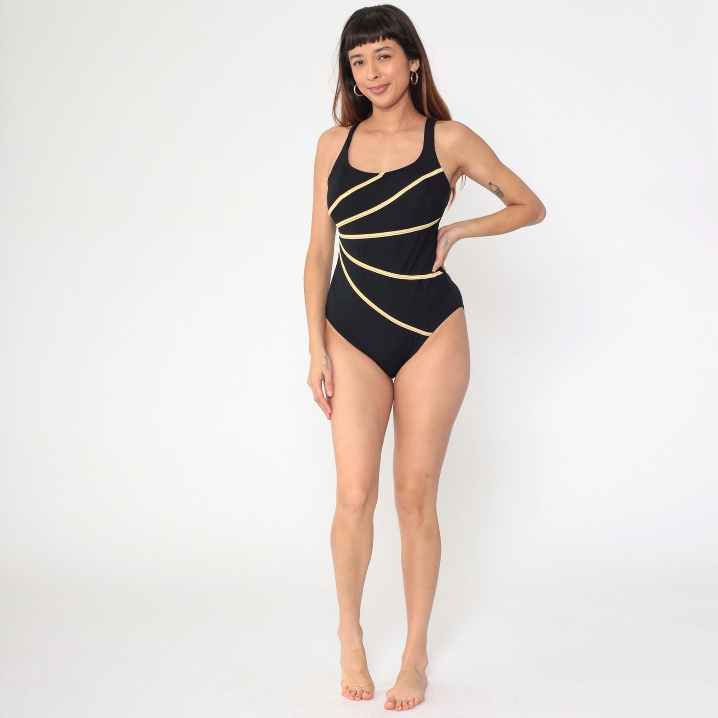 90s Black Gold Starburst One-Piece Swimsuit Scoop Back Large 12