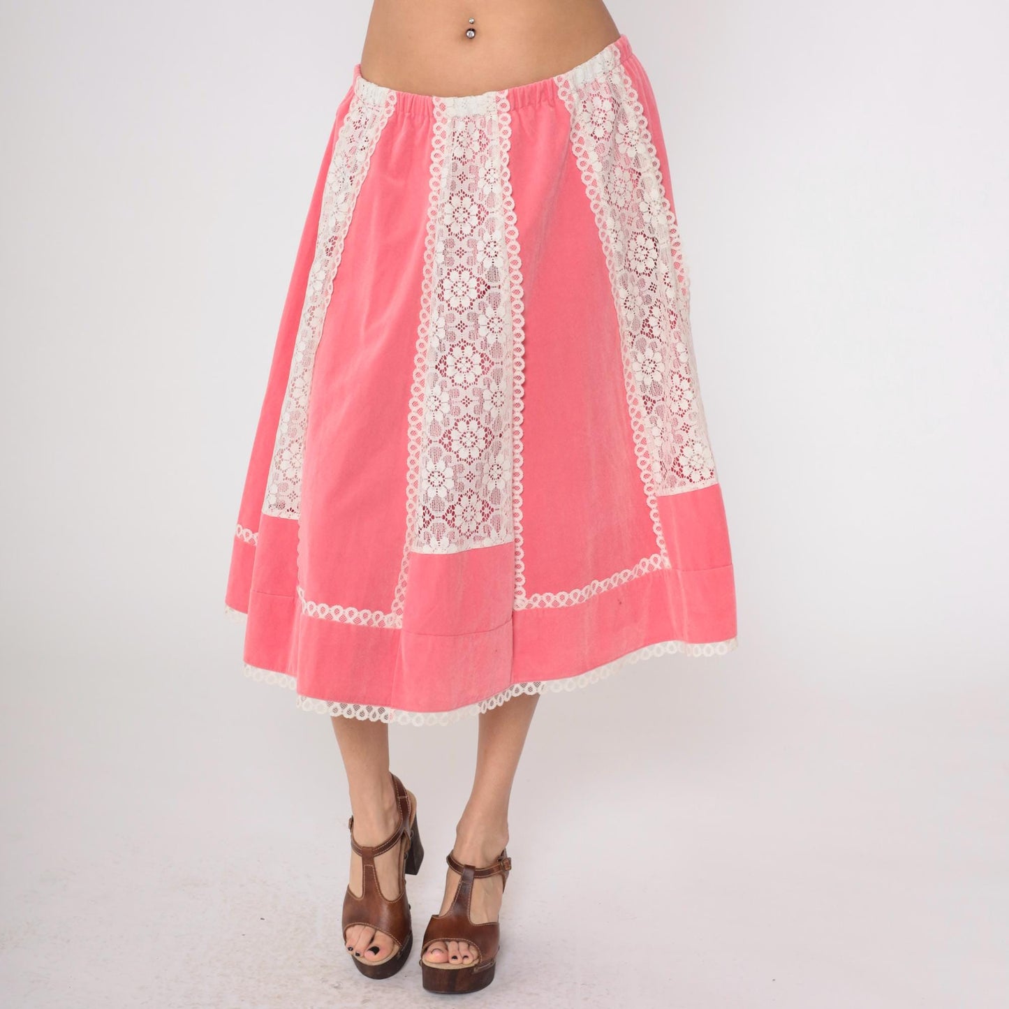 70s Carefree Fashions Pink Velour Midi Skirt Lace Trim High Waist Medium Large
