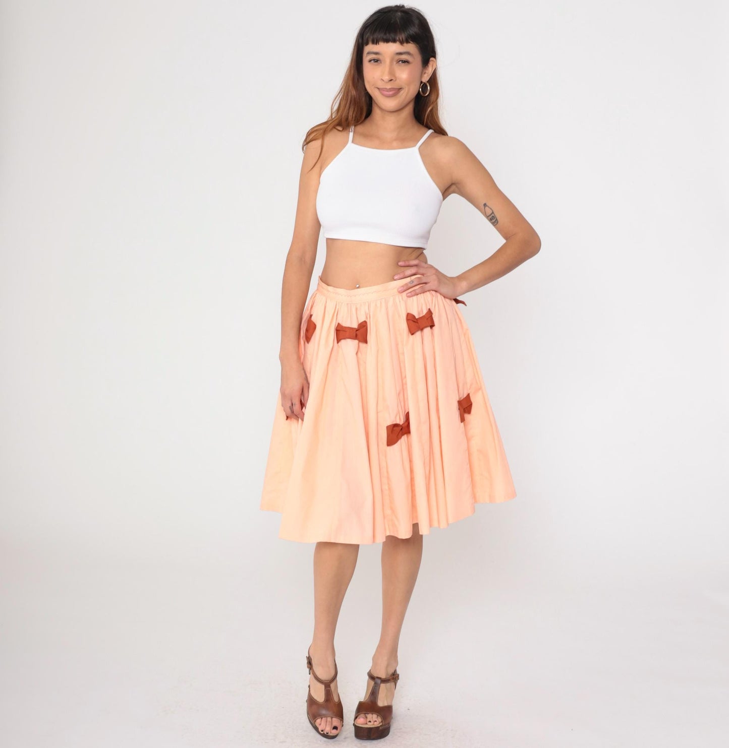 1970s Peach Full Circle Midi Skirt High Waisted Brown Bow Medium