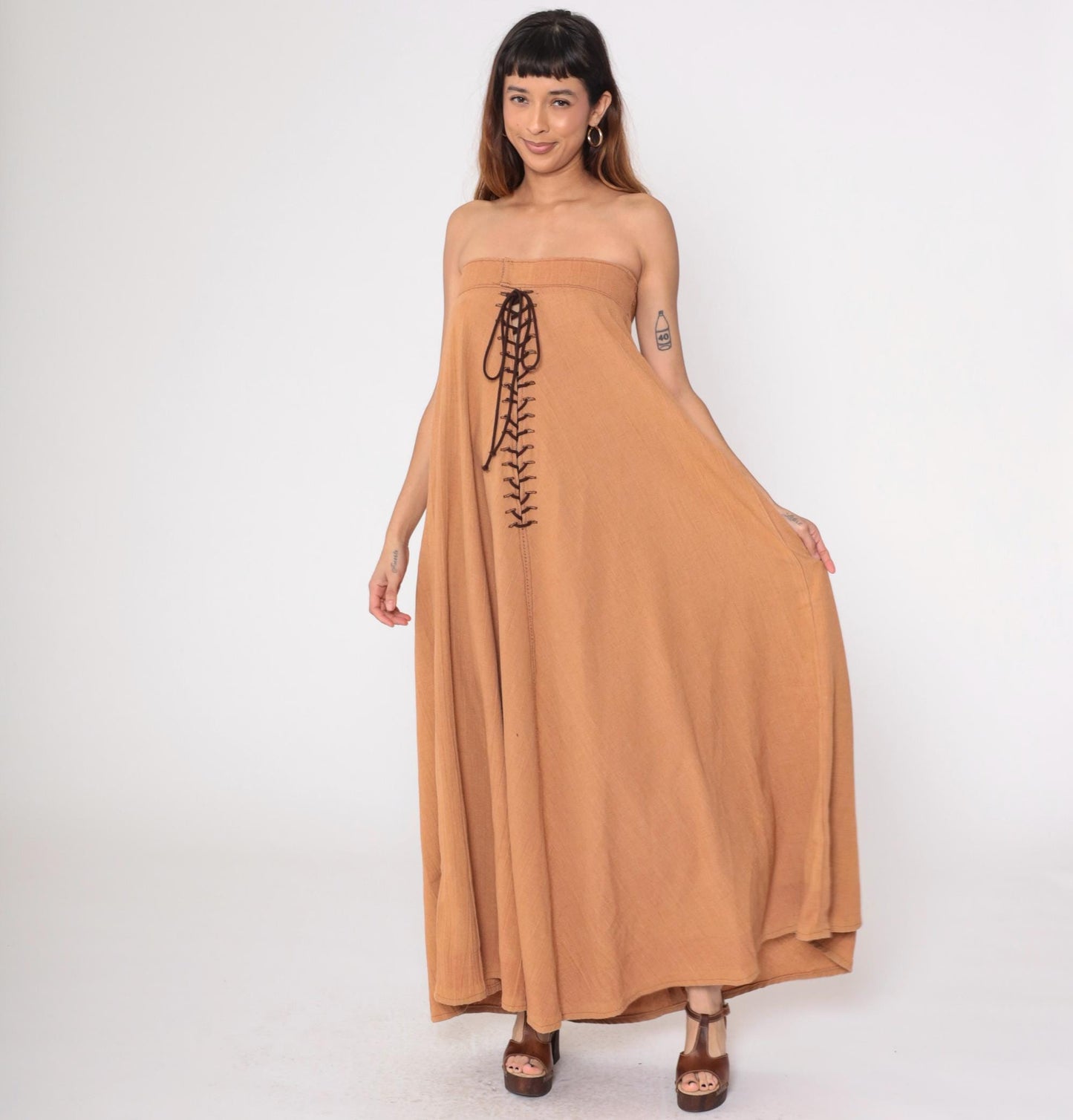 70s Brown Strapless Maxi Dress Lace Up Corset Front Small