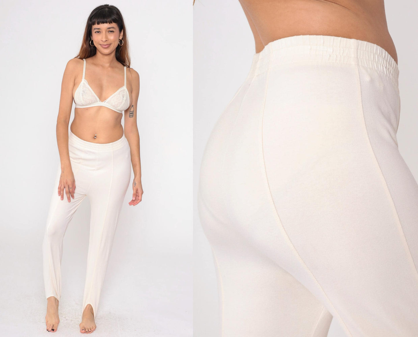 90s Cream Stirrup Pants Tapered High Waist Cotton Petite Medium