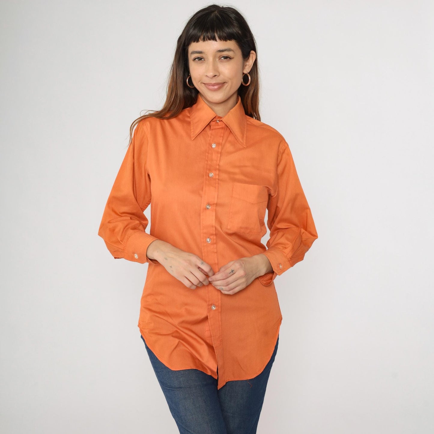 70s Orange Dagger Collar Button-Up Shirt Long Sleeve Men's Small