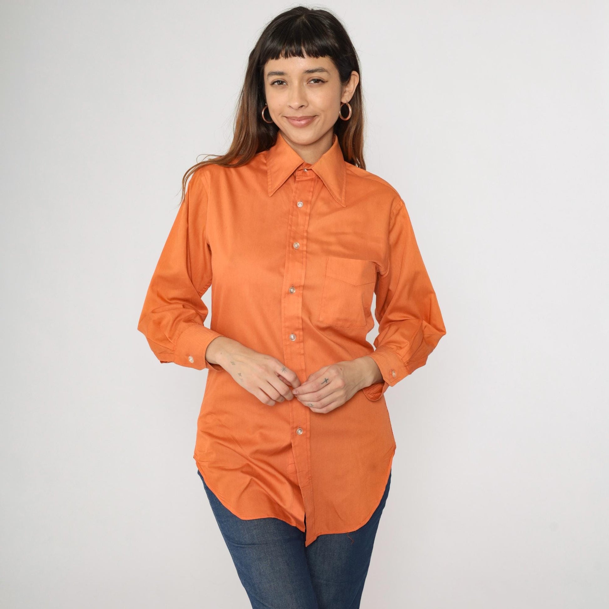70s Orange Dagger Collar Button-Up Shirt Long Sleeve Men's Small