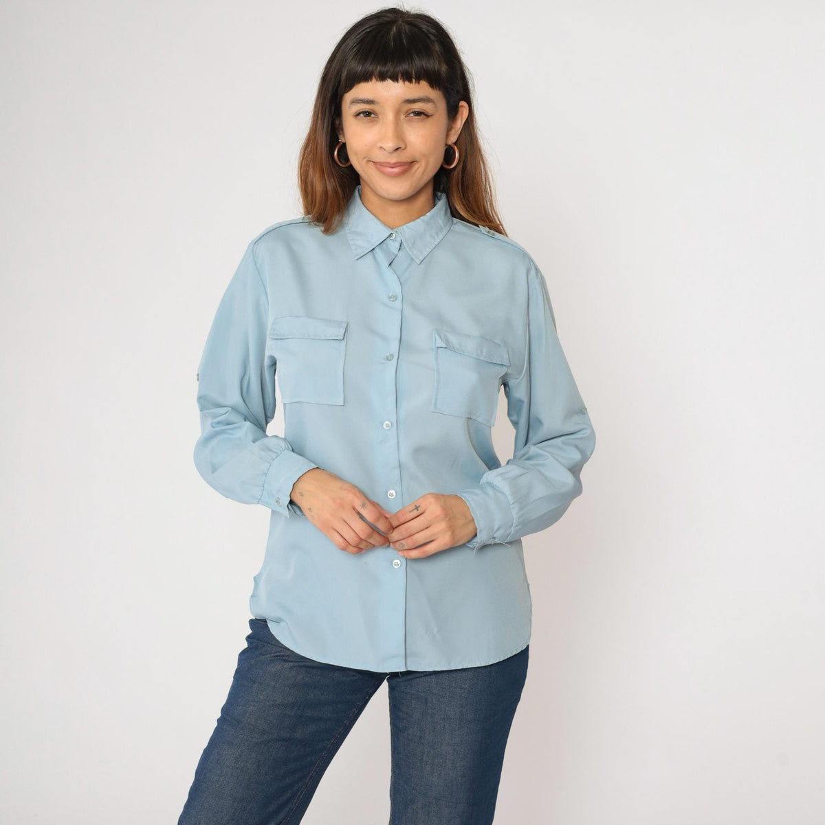 80s Ship n Shore Light Blue Button-Up Blouse Roll Tab Sleeves Medium
