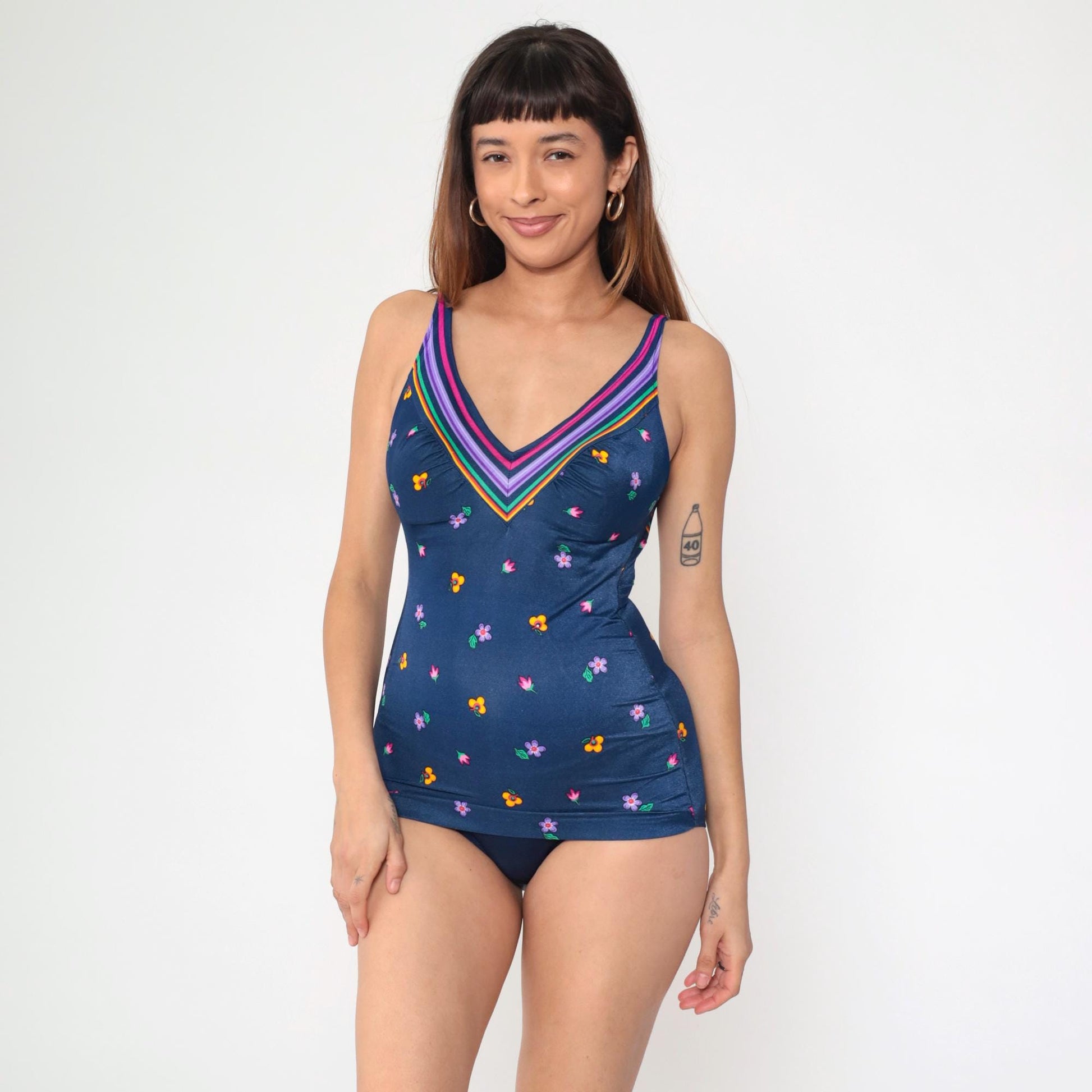 80s Navy Floral Swimsuit & Maxi Wrap Skirt Set V-Neck Boyleg One-Piece Medium 8