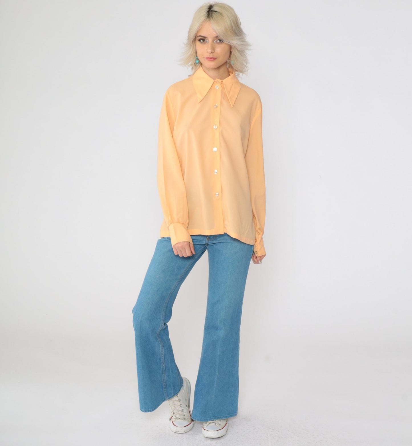 70s Peach Dagger Collar Button-Up Shirt Long Sleeve Large L