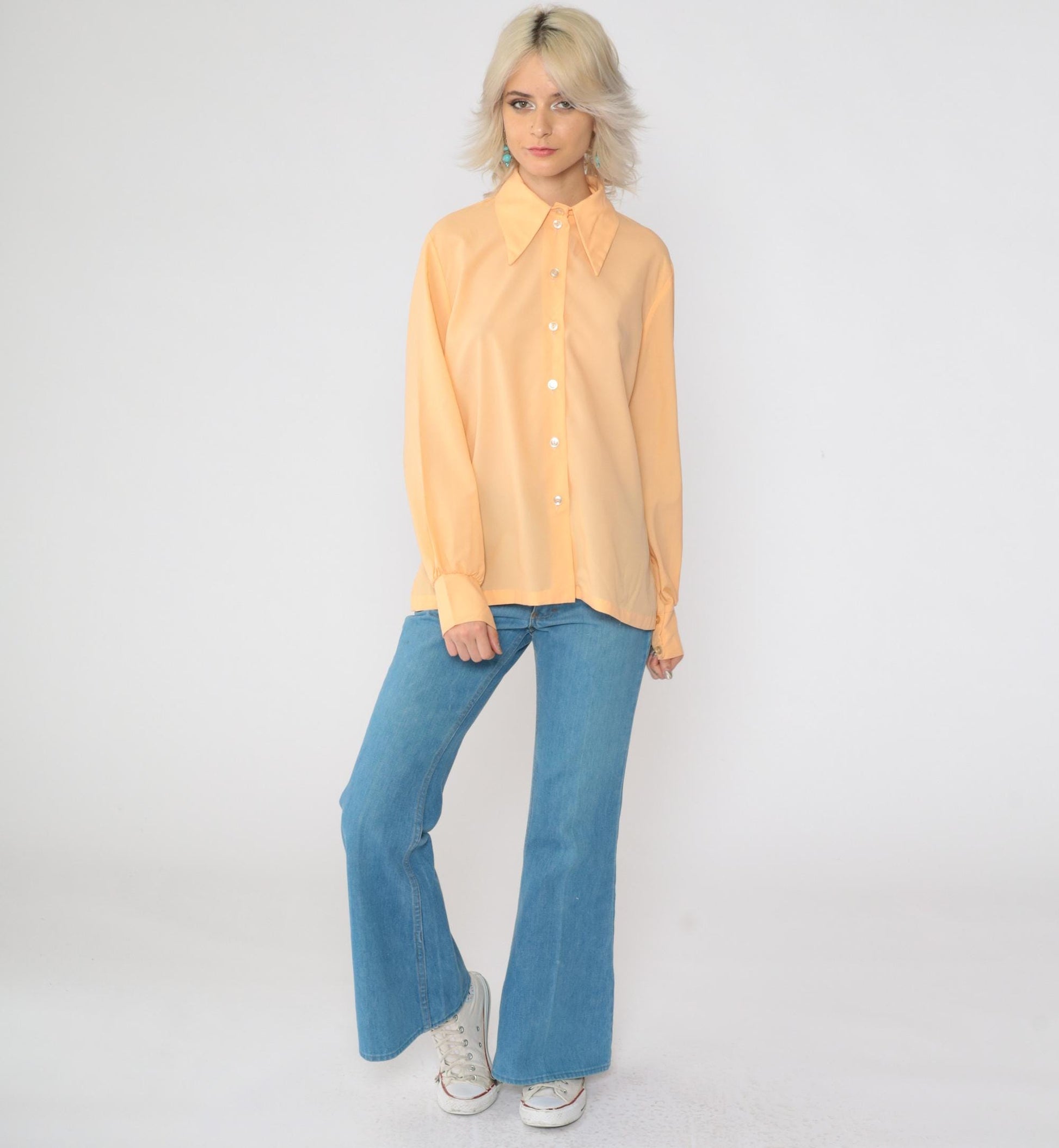70s Peach Dagger Collar Button-Up Shirt Long Sleeve Large L