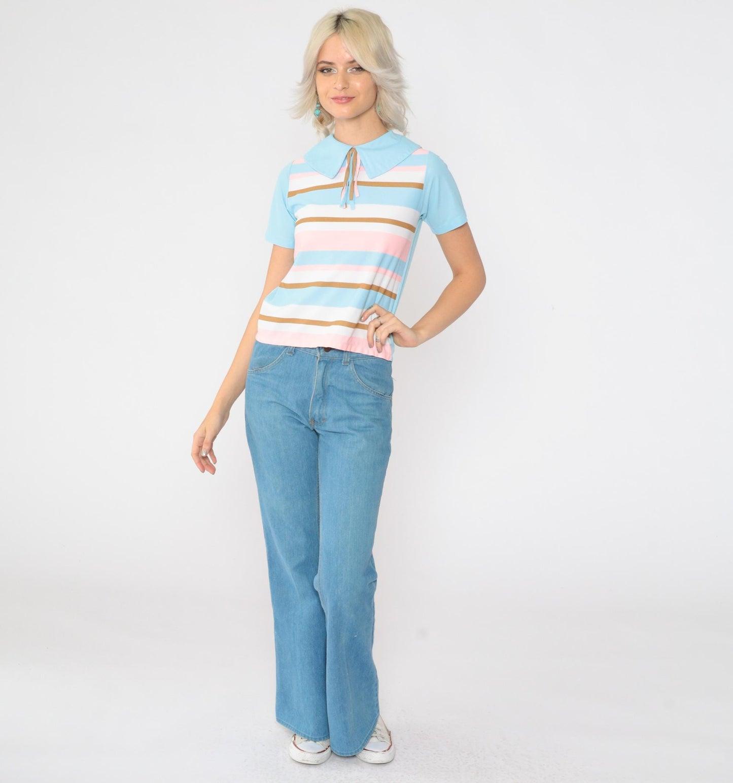60s Striped Blouse Pilgrim Collar Tassel Neckline Blue Pink Brown Extra Small