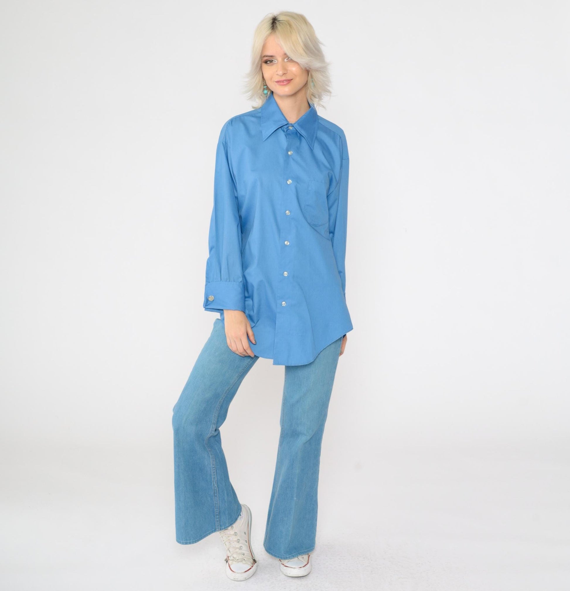 70s Capri by David of California Blue Button-Up Shirt Dagger Collar Large