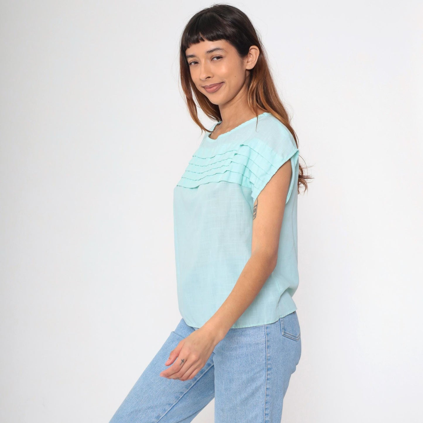 80s Angela Pellina Aqua Cap Sleeve Blouse Pleated Chest Medium