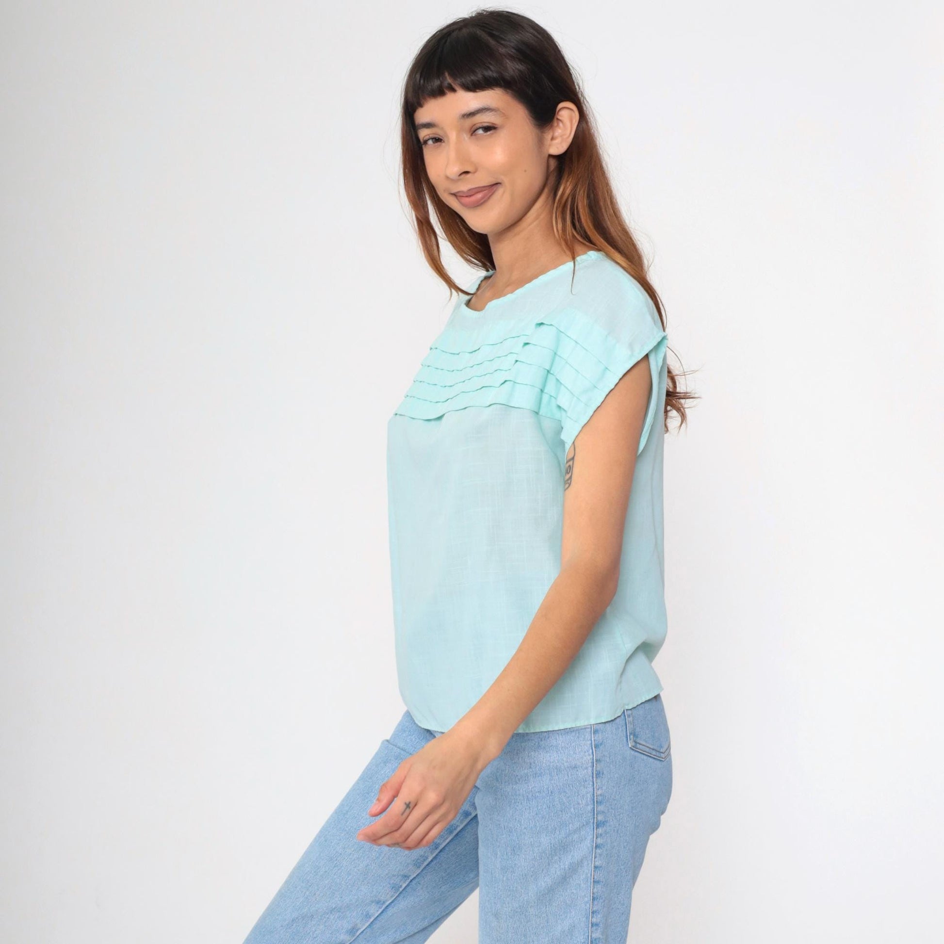 80s Angela Pellina Aqua Cap Sleeve Blouse Pleated Chest Medium