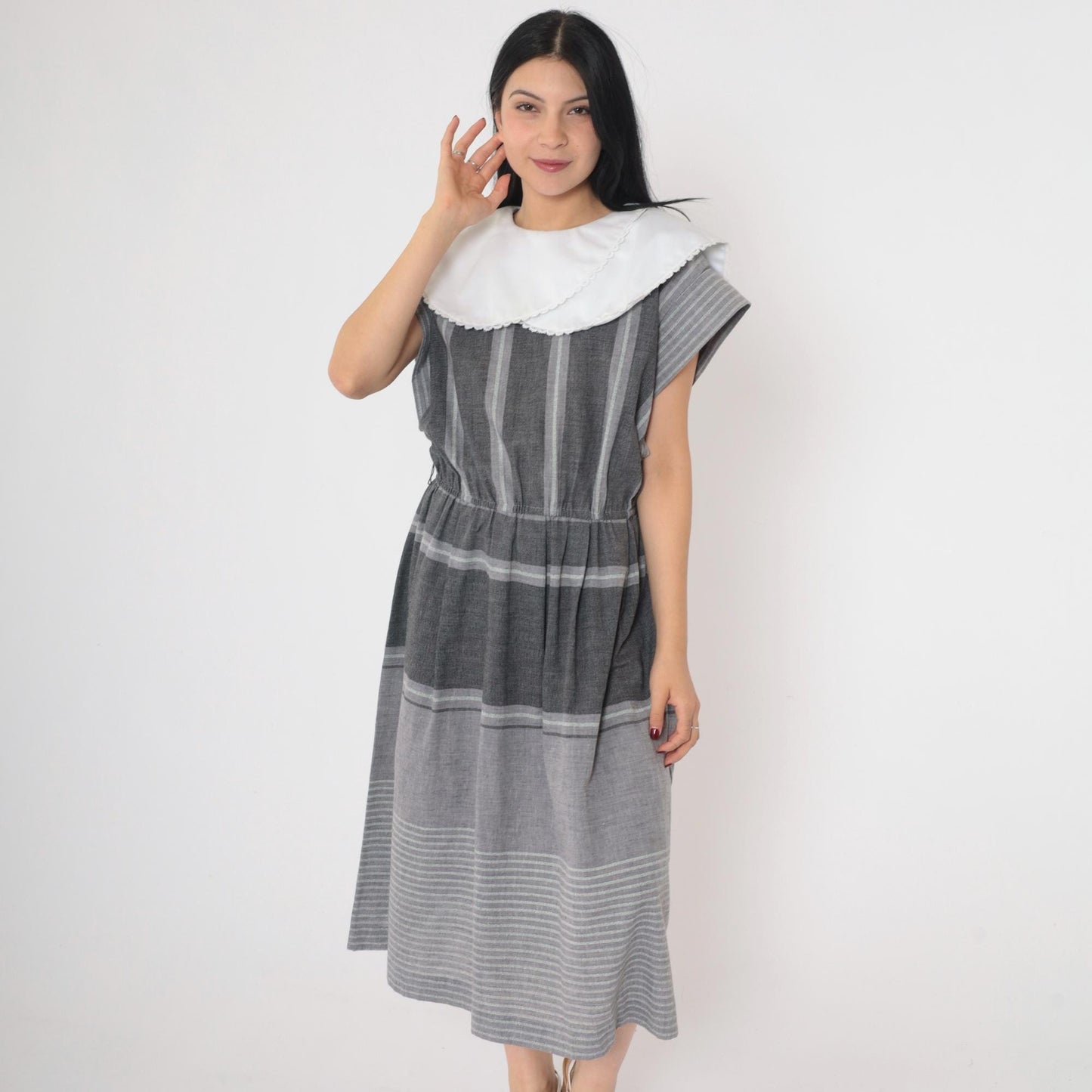 80s Grey Striped Midi Dress White Puritan Collar Cap Sleeve Elastic Waist Medium