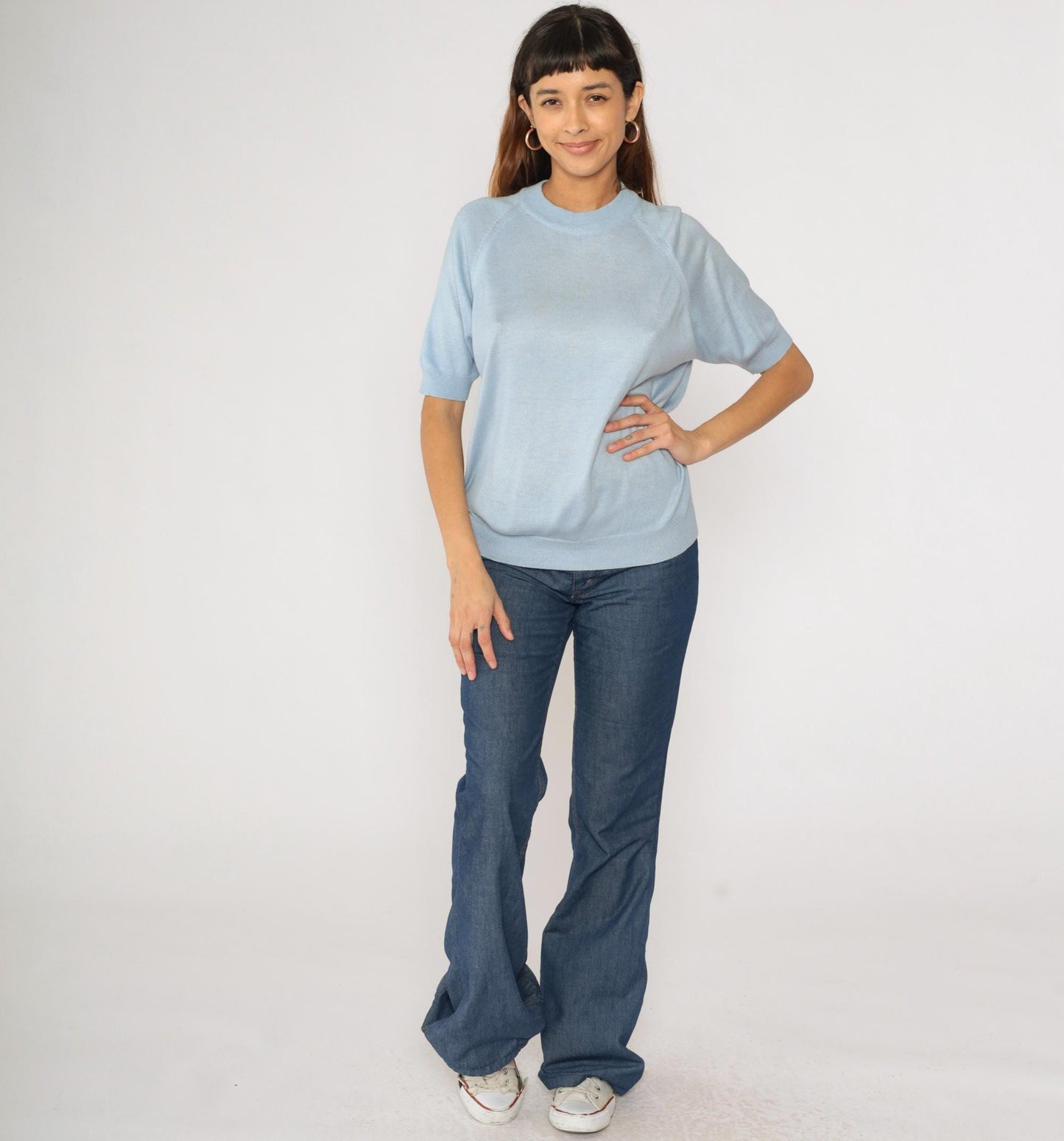 80s Blue Knit Sweater Raglan Short Sleeve Crewneck Rear Zip Large L