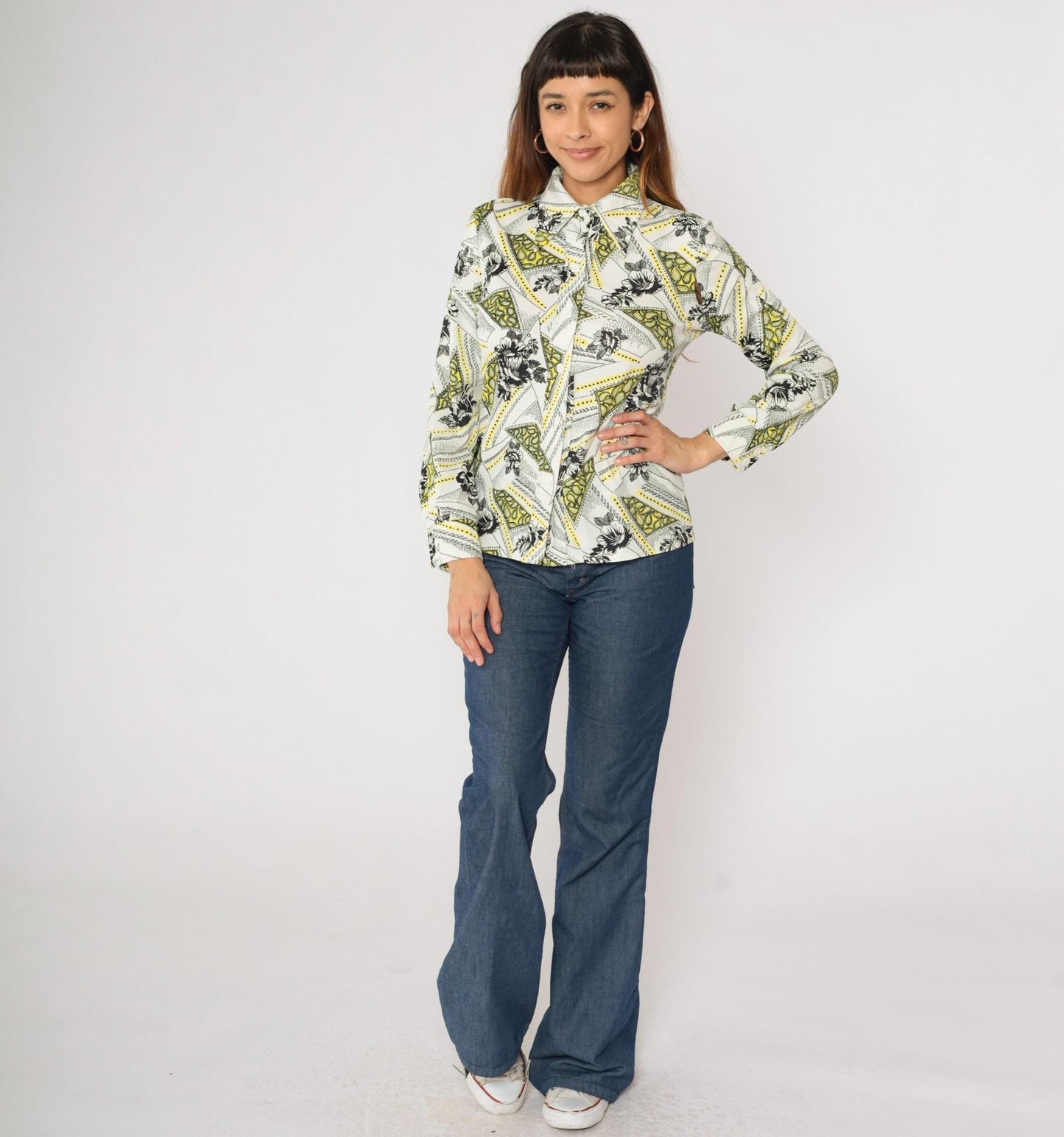 70s Floral Paisley Dagger Collar Button-Up Blouse Long Sleeve White Small