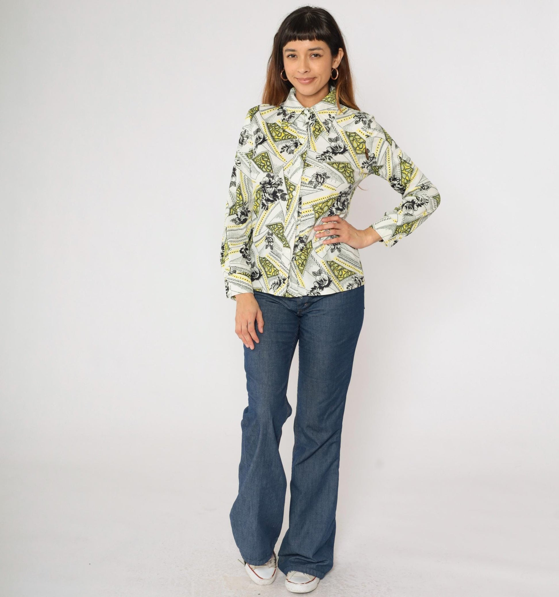 70s Floral Paisley Dagger Collar Button-Up Blouse Long Sleeve White Small