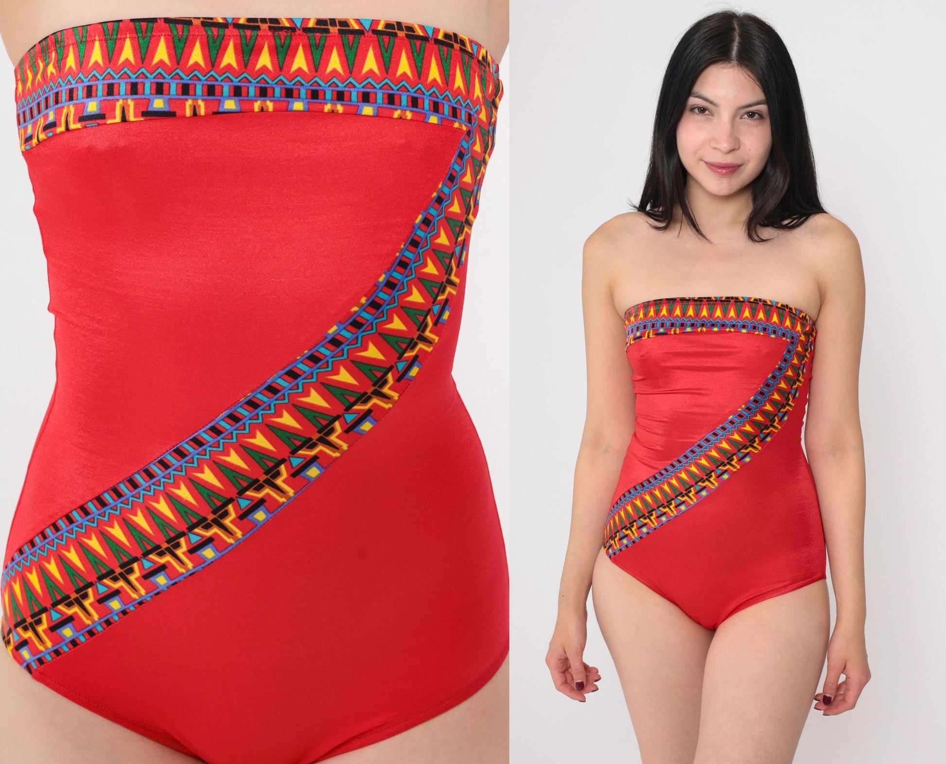 80s Red Geometric Strapless One-Piece Swimsuit Southwestern Small