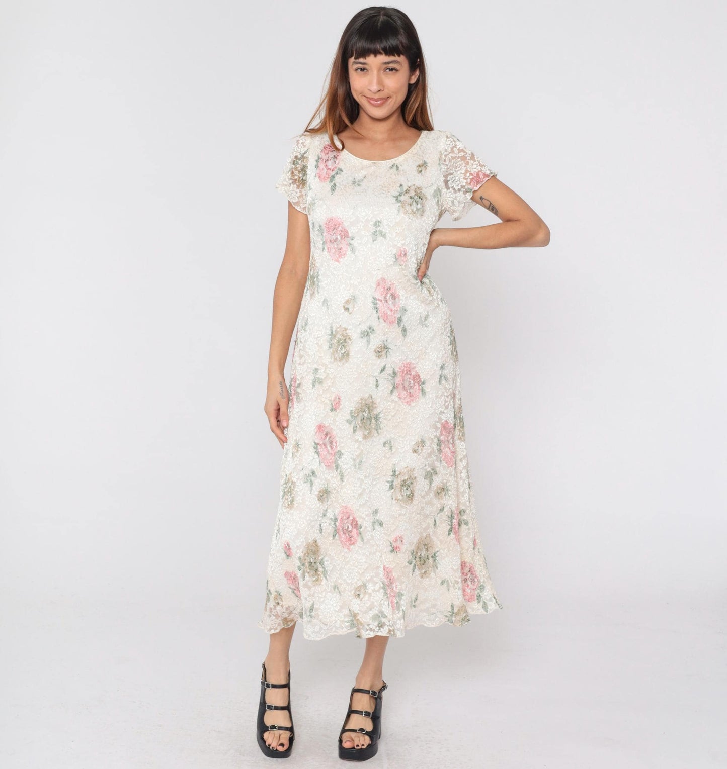 90s Ronni Nicole Petite Floral Lace Midi Dress Off-White Scoop Neck Medium