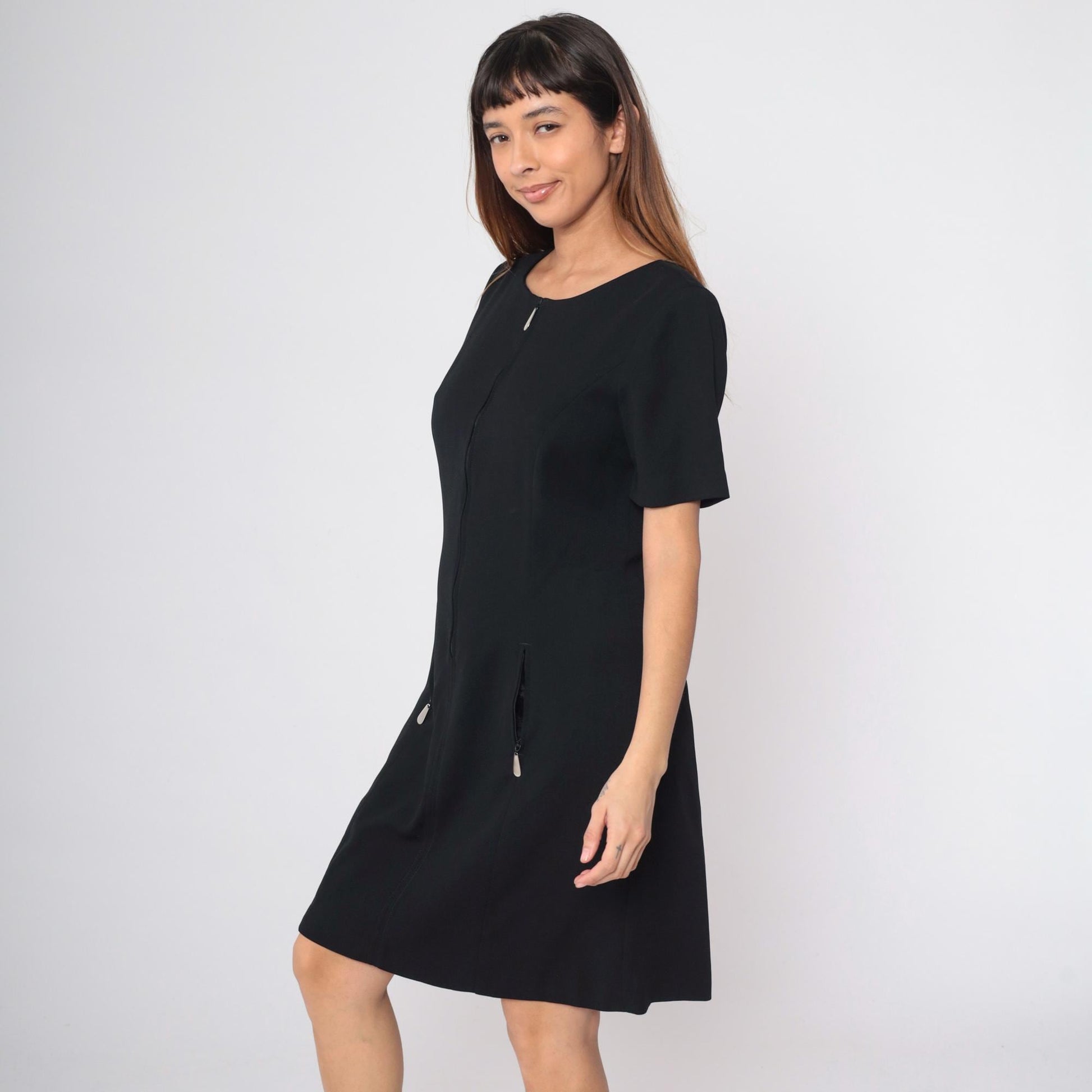 90s Carole Little Black Zip Mini Dress Shift Cut Pockets Medium