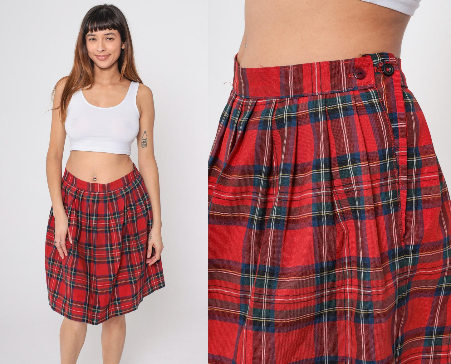 90s Red Plaid Pleated Midi Skirt High Waist Tartan Medium