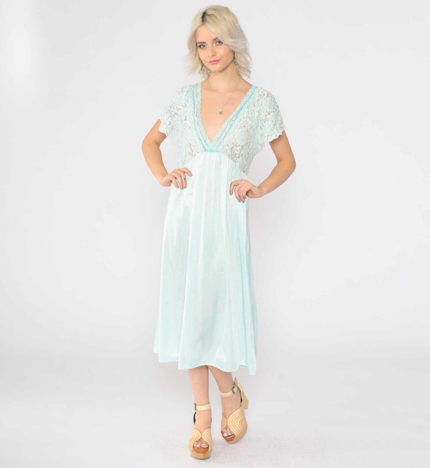 80s Aqua Lace Slip Dress Sheer Flutter Sleeve Nightgown Medium