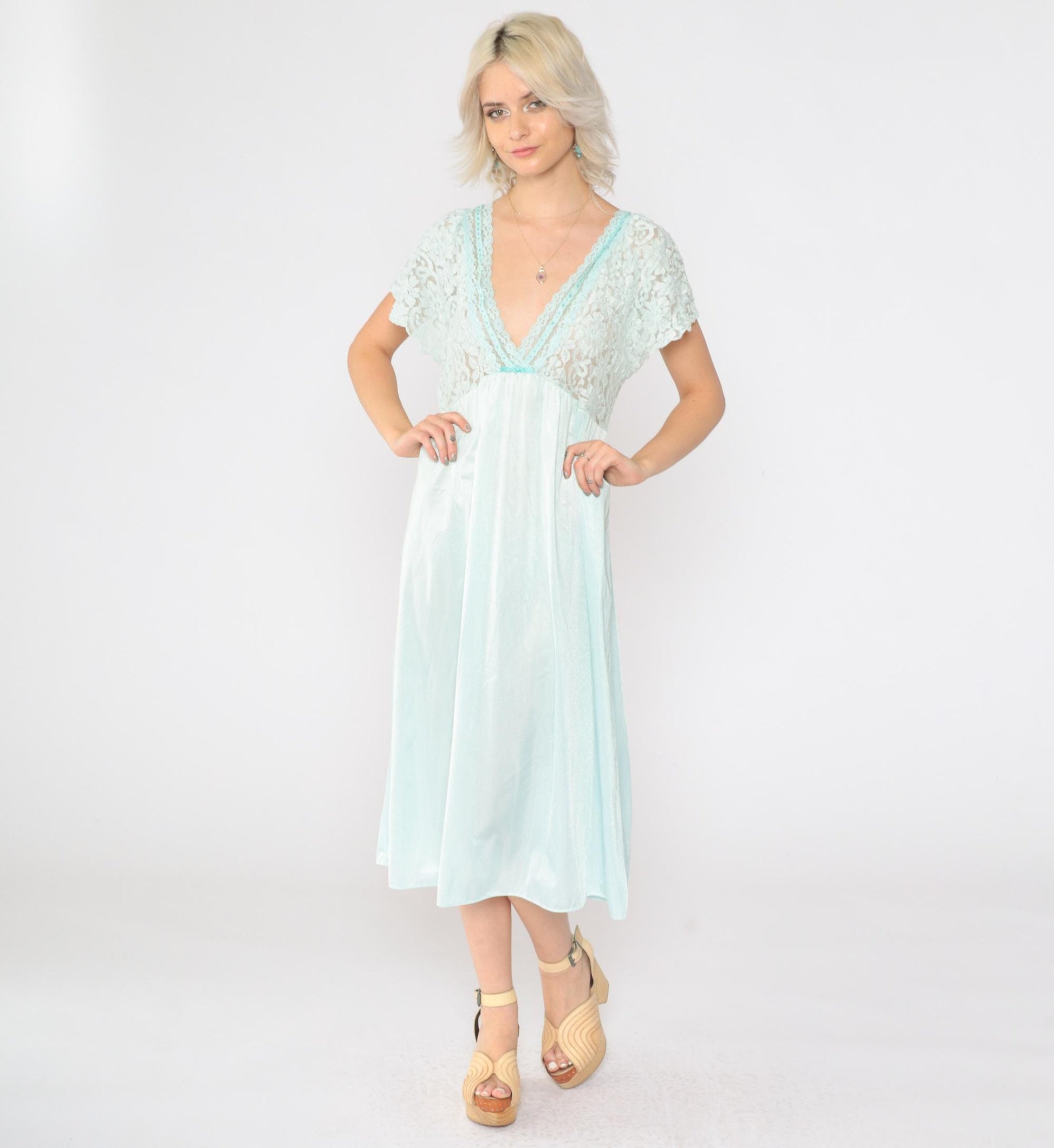 80s Aqua Lace Slip Dress Sheer Flutter Sleeve Nightgown Medium
