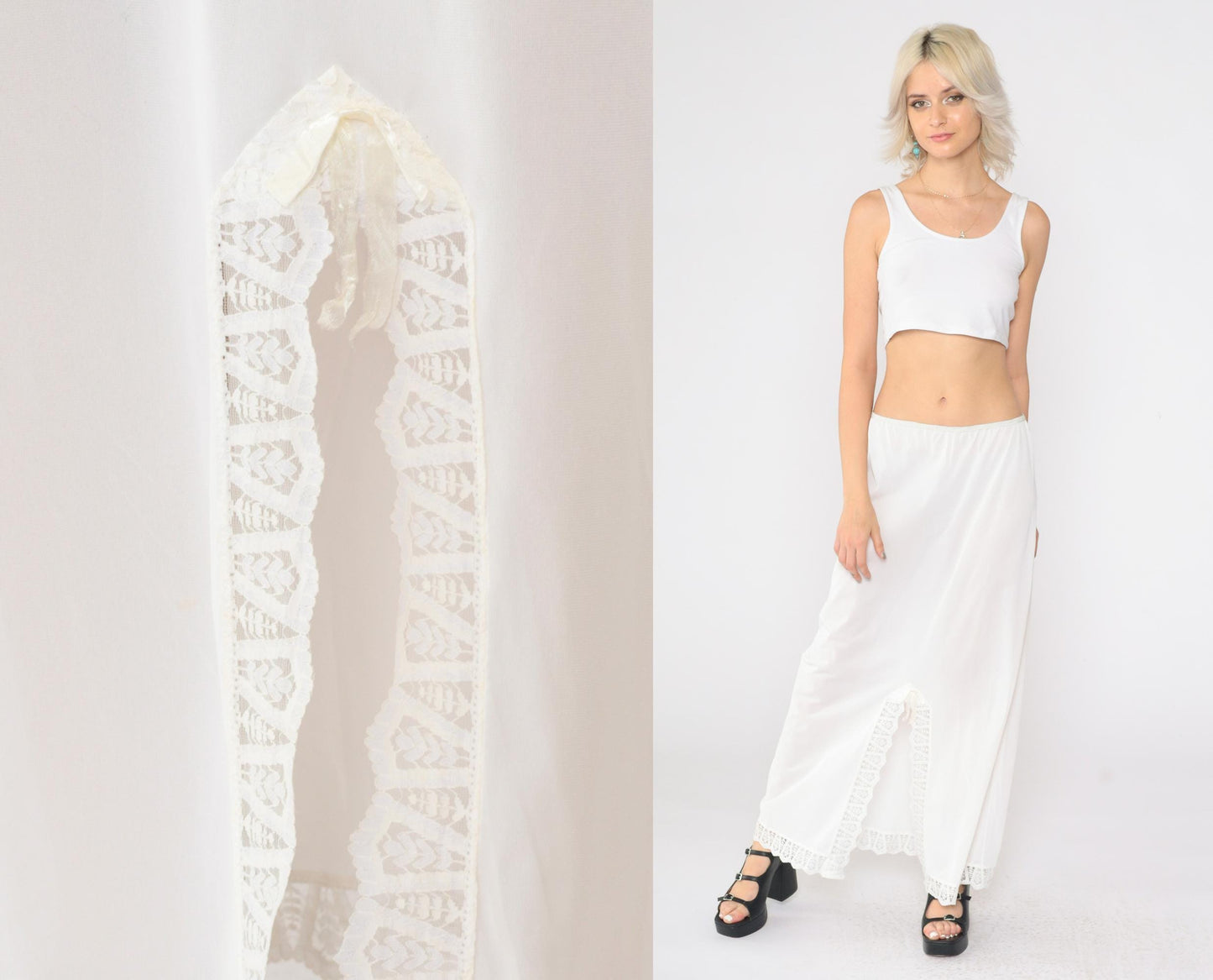 70s White Lace Slip Skirt Semi-Sheer Front Slit Maxi Medium Large