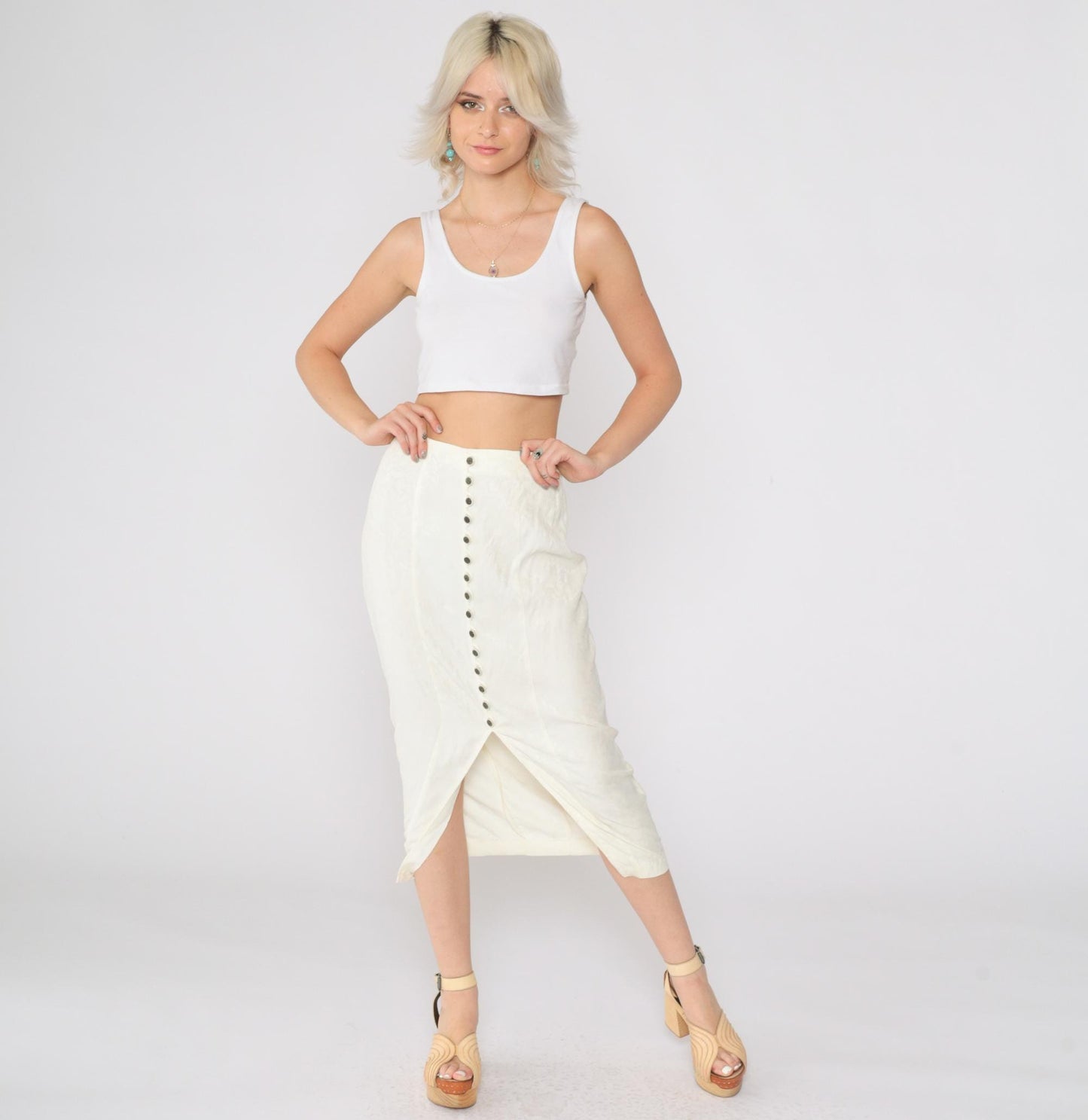 90s La Belle Cream Floral Button-Up Midi Skirt Embossed Small