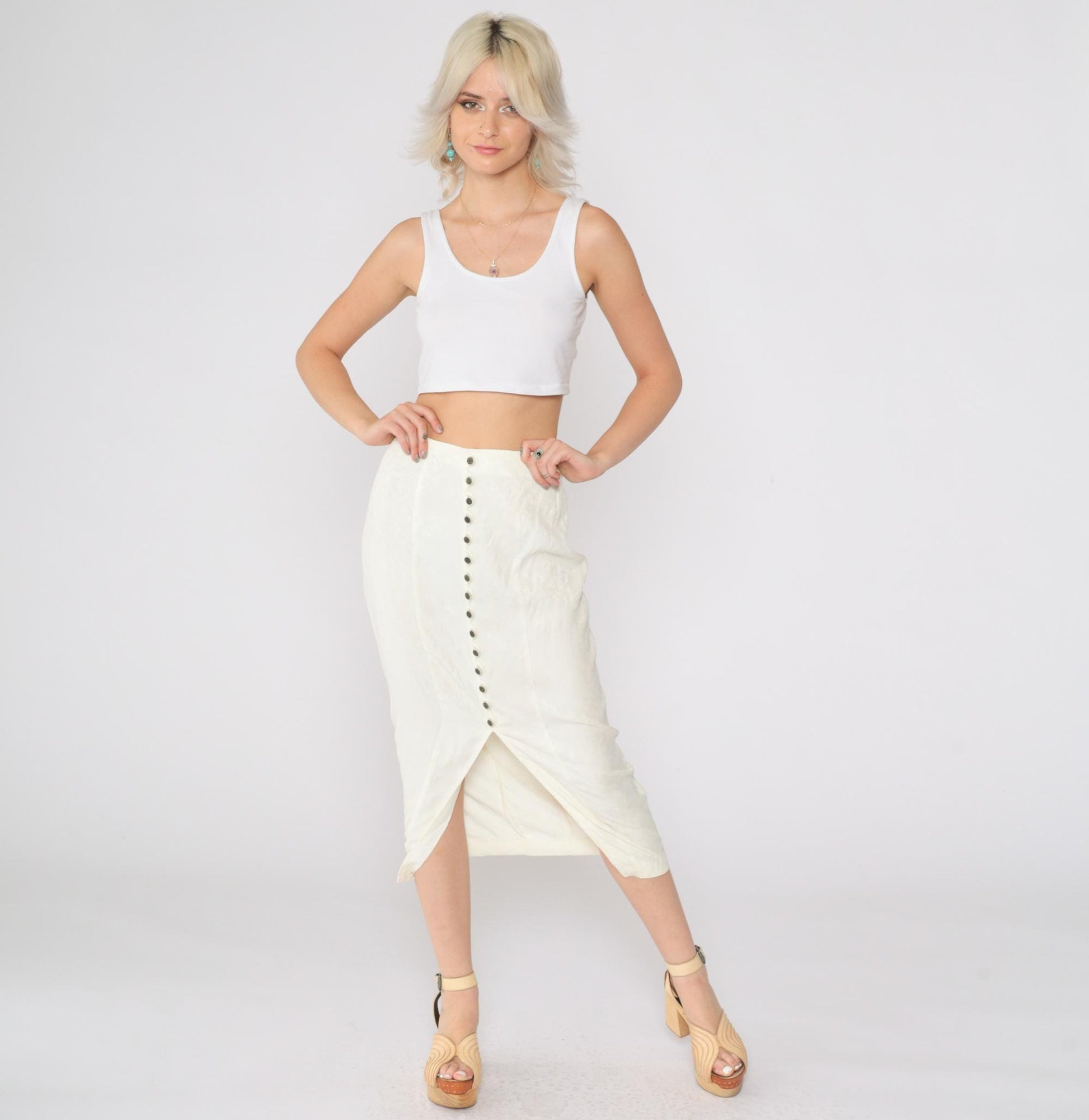 90s La Belle Cream Floral Button-Up Midi Skirt Embossed Small