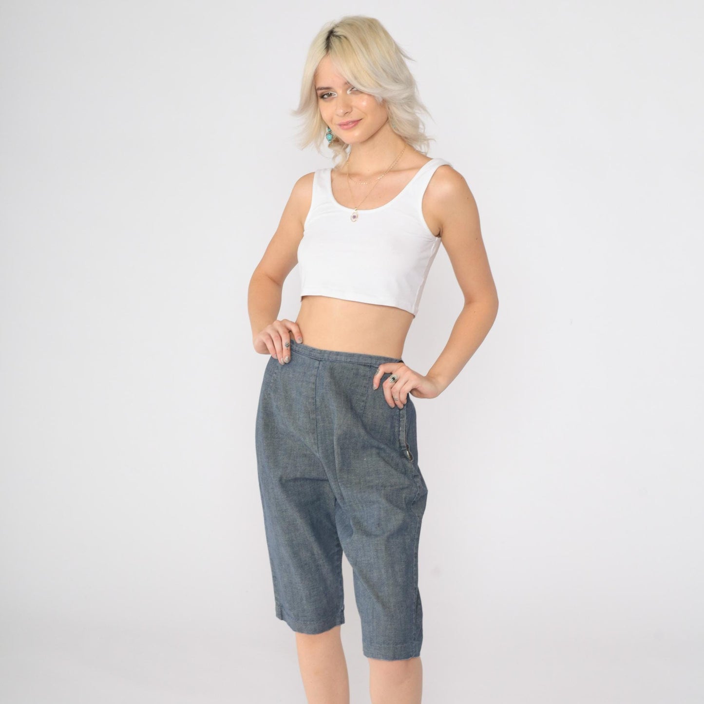 60s Blue Chambray Capri Pants High Waist Side Zipper Knee Length Small