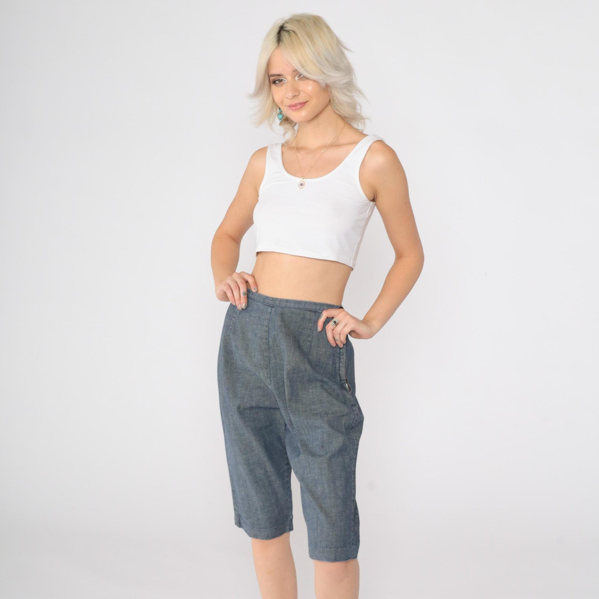 60s Blue Chambray Capri Pants High Waist Side Zipper Knee Length Small