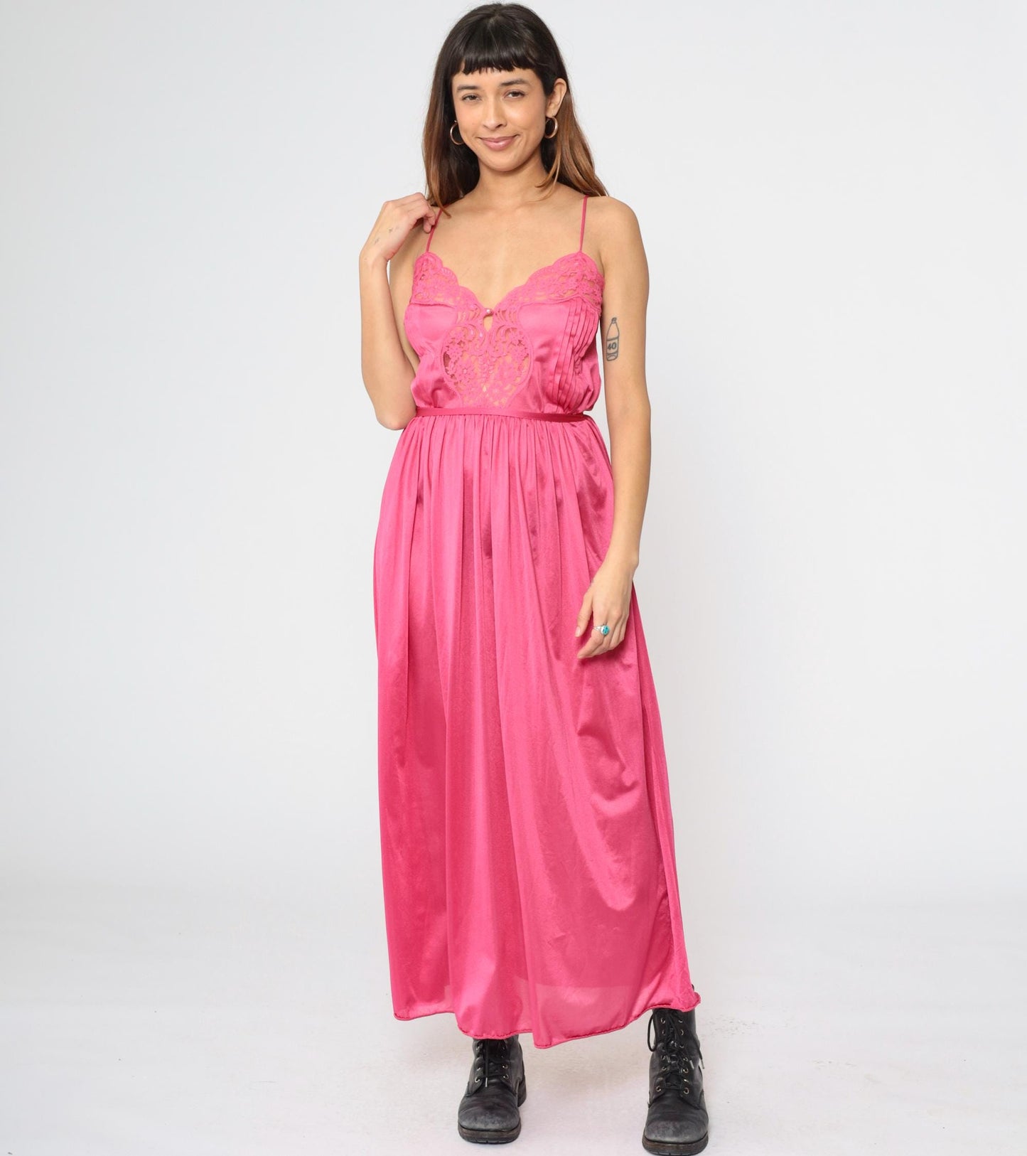70s Lily of France Deep Pink Lace Maxi Slip Nightgown Spaghetti Strap Small S