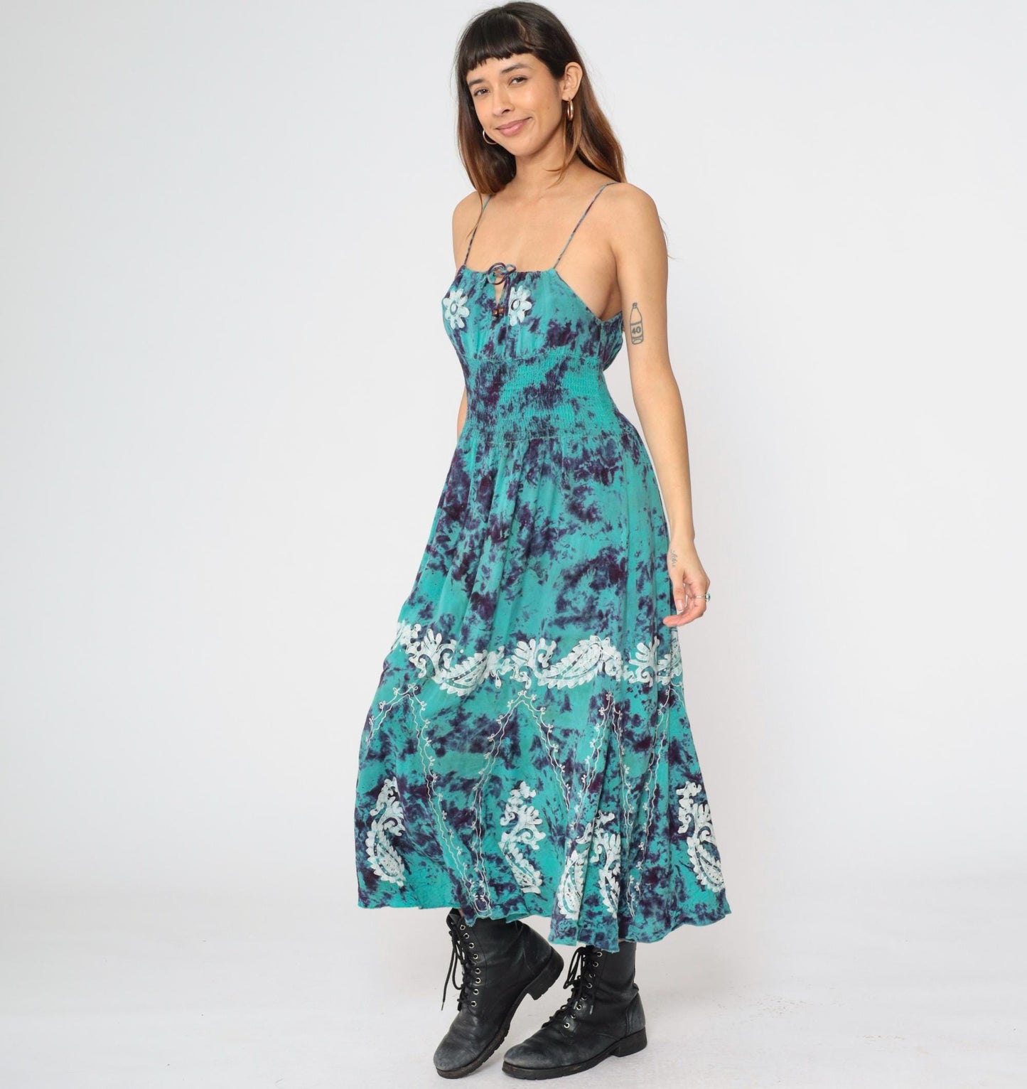 90s Tie Dye Midi Sun Dress Turquoise Purple Smocked Spaghetti Strap Small Medium