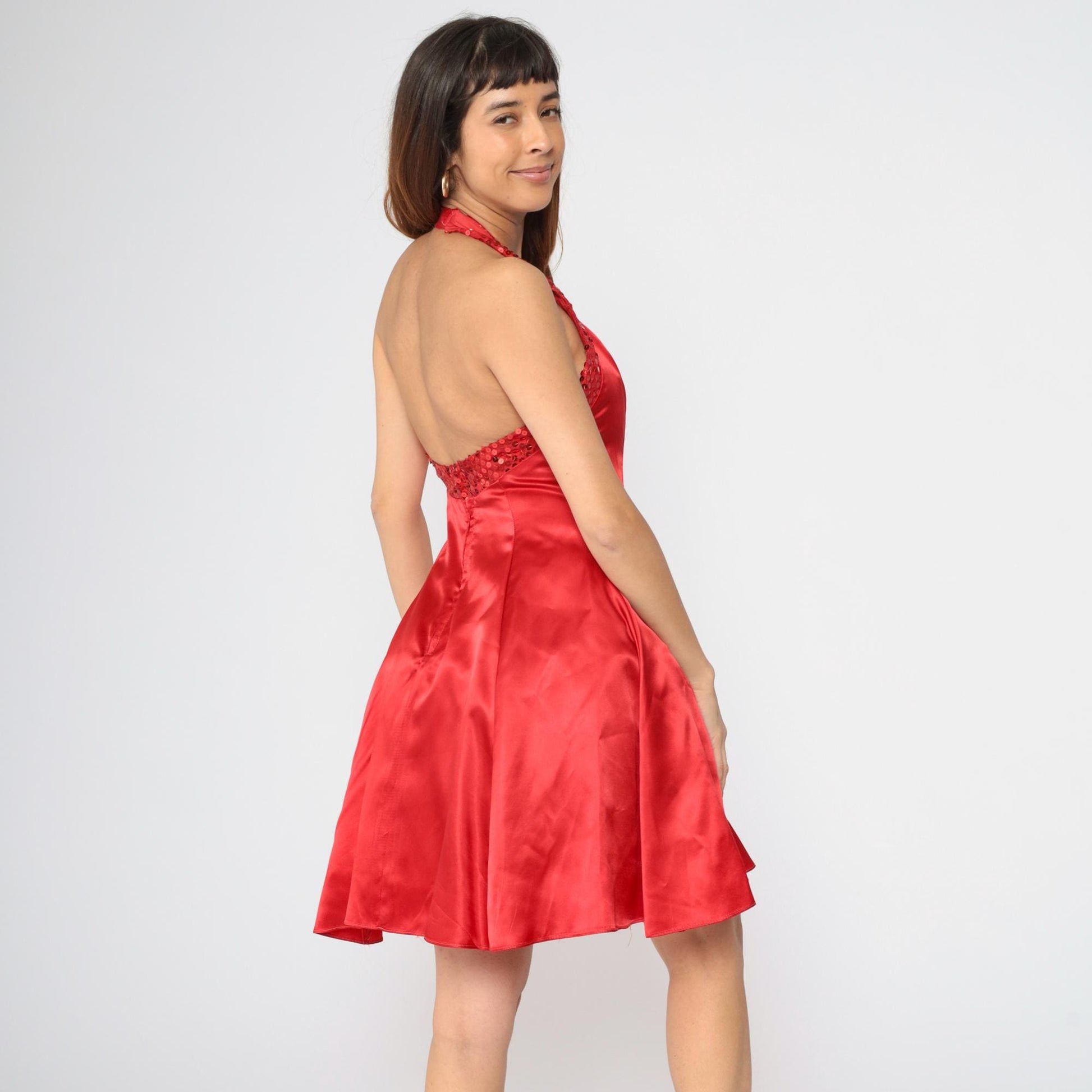 90s Zum Zum Red Satin Sequin Mini Halter Dress Open Back Medium