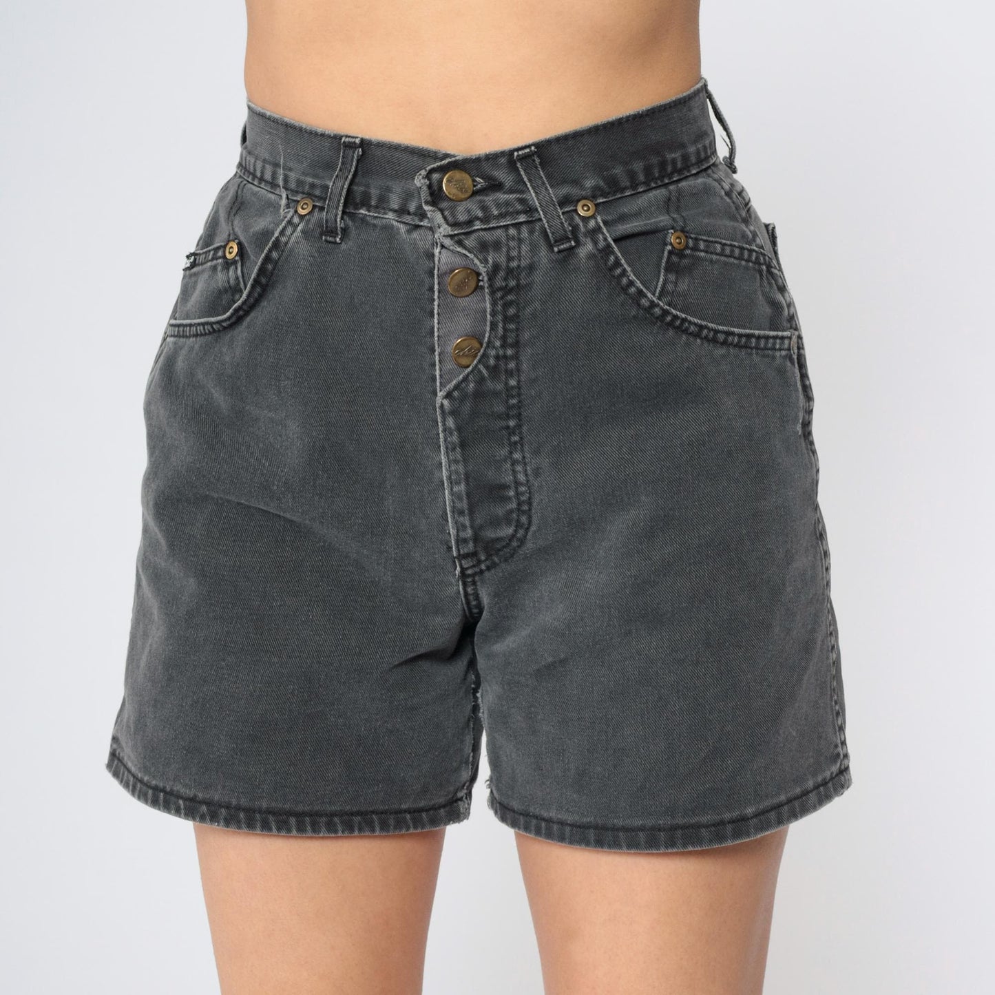 90s Black Denim Shorts High Rise Button Fly Faded Jean Shorts Small S