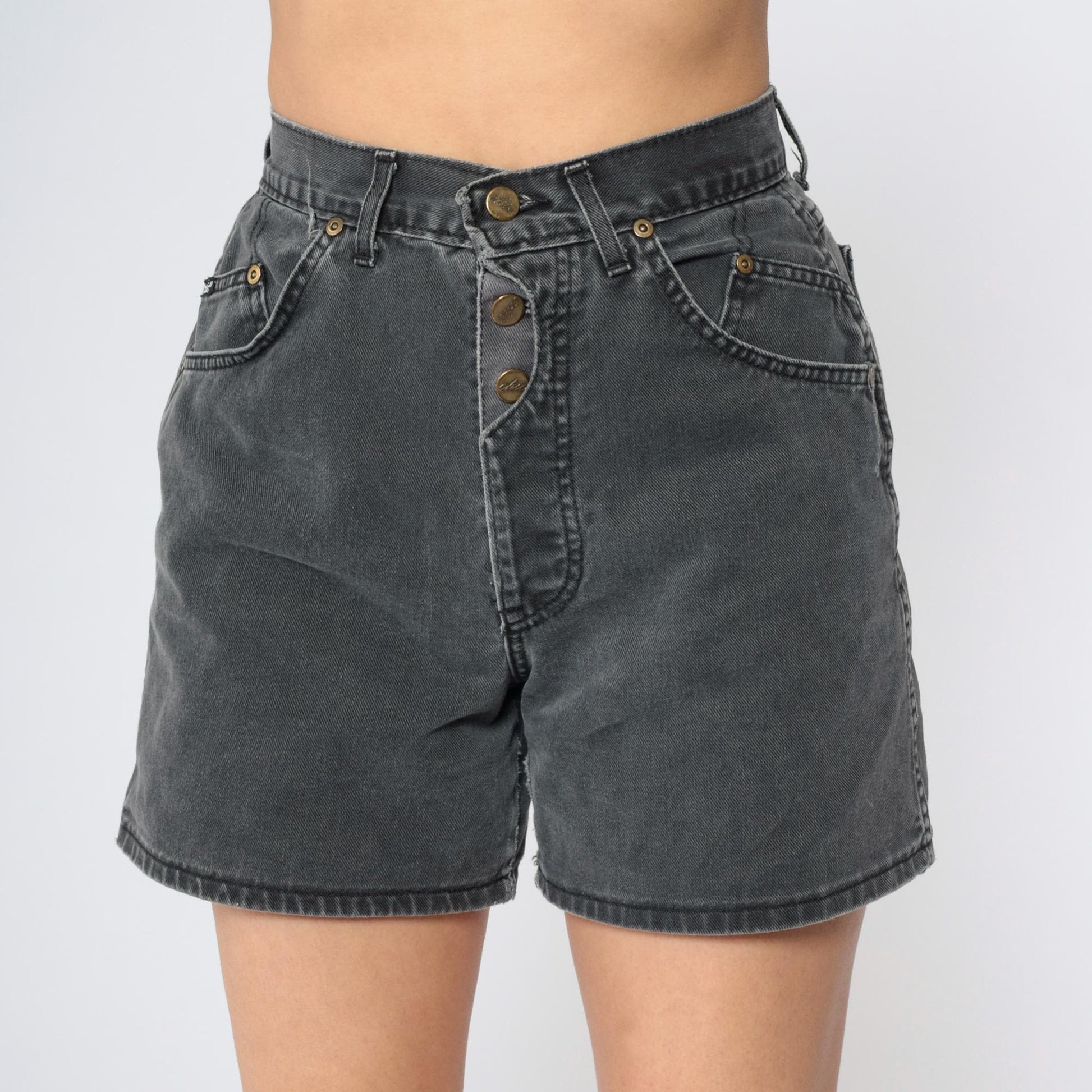90s Black Denim Shorts High Rise Button Fly Faded Jean Shorts Small S