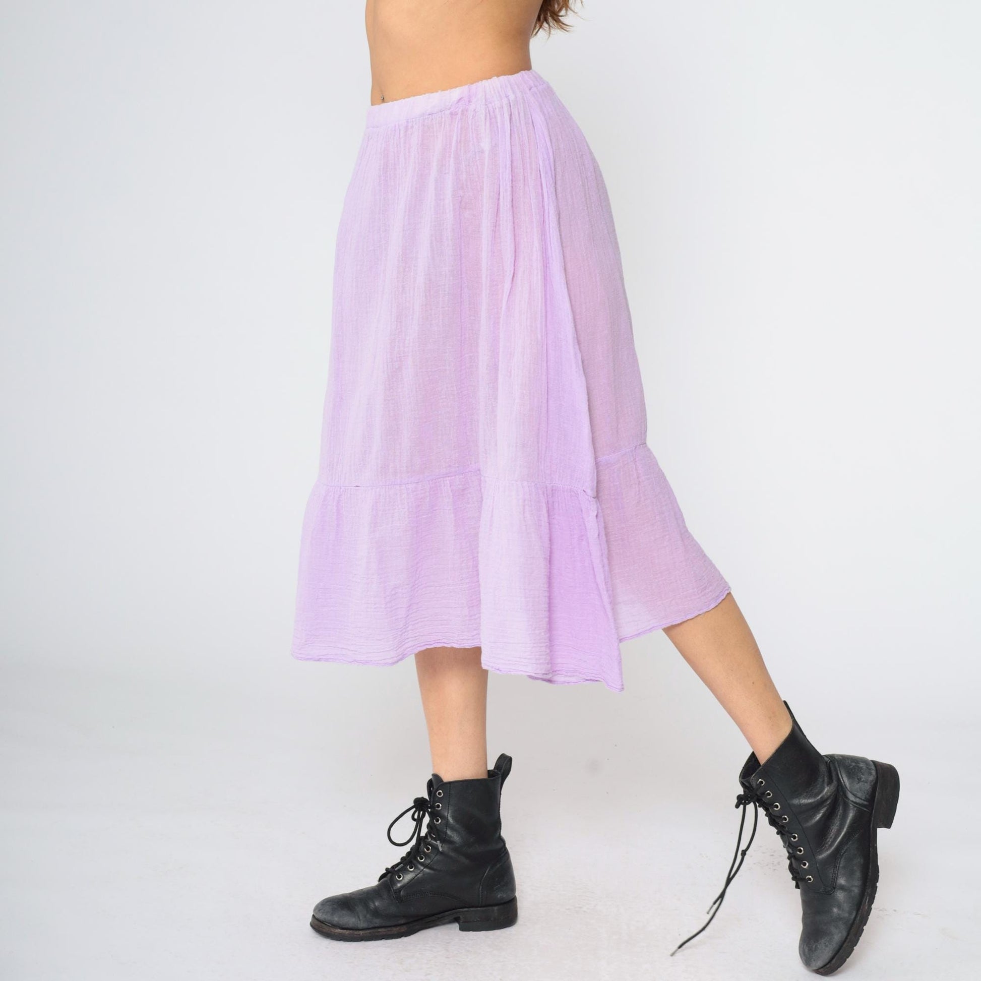 70s Lavender Gauze Peasant Skirt High Waist Flounce Midi Cotton Medium