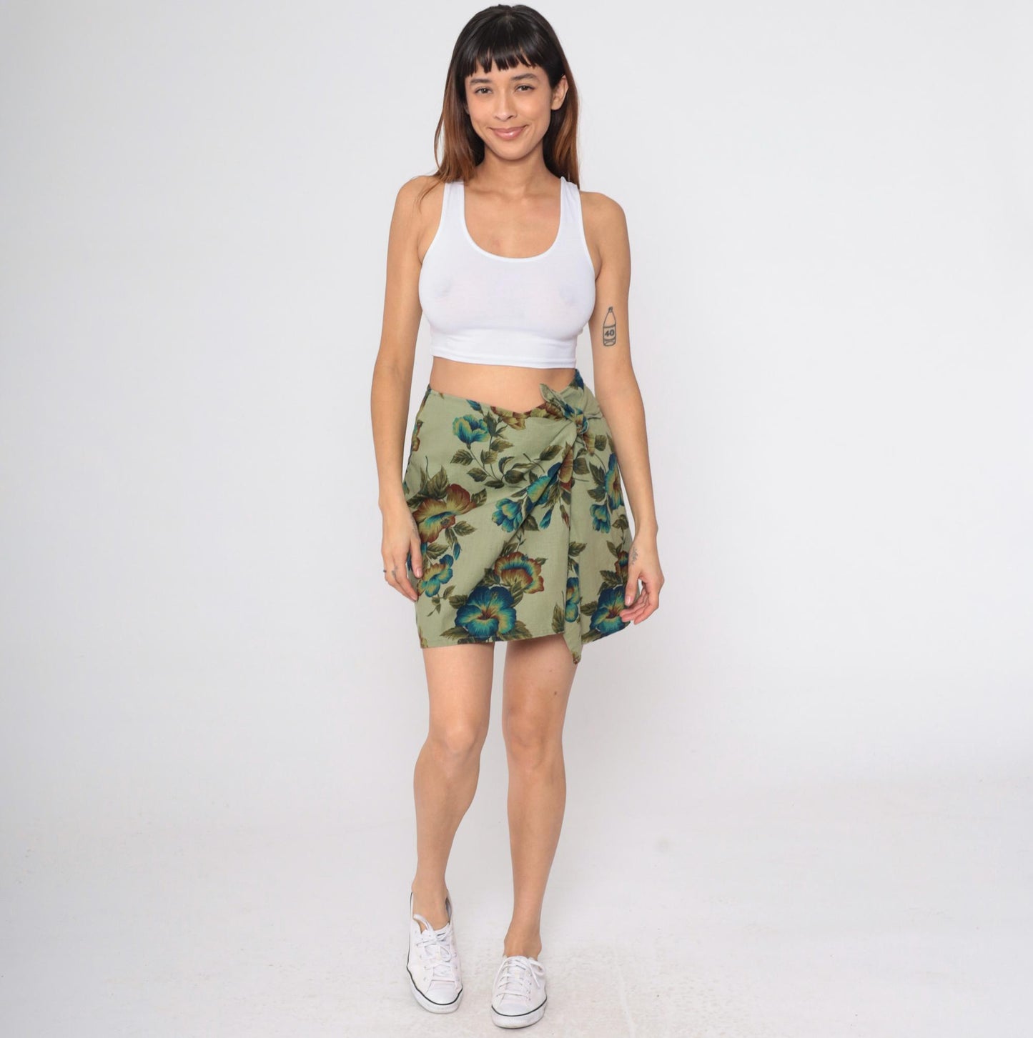 90s Express Tropical Floral Wrap Skirt Green Mini Linen Cotton Small