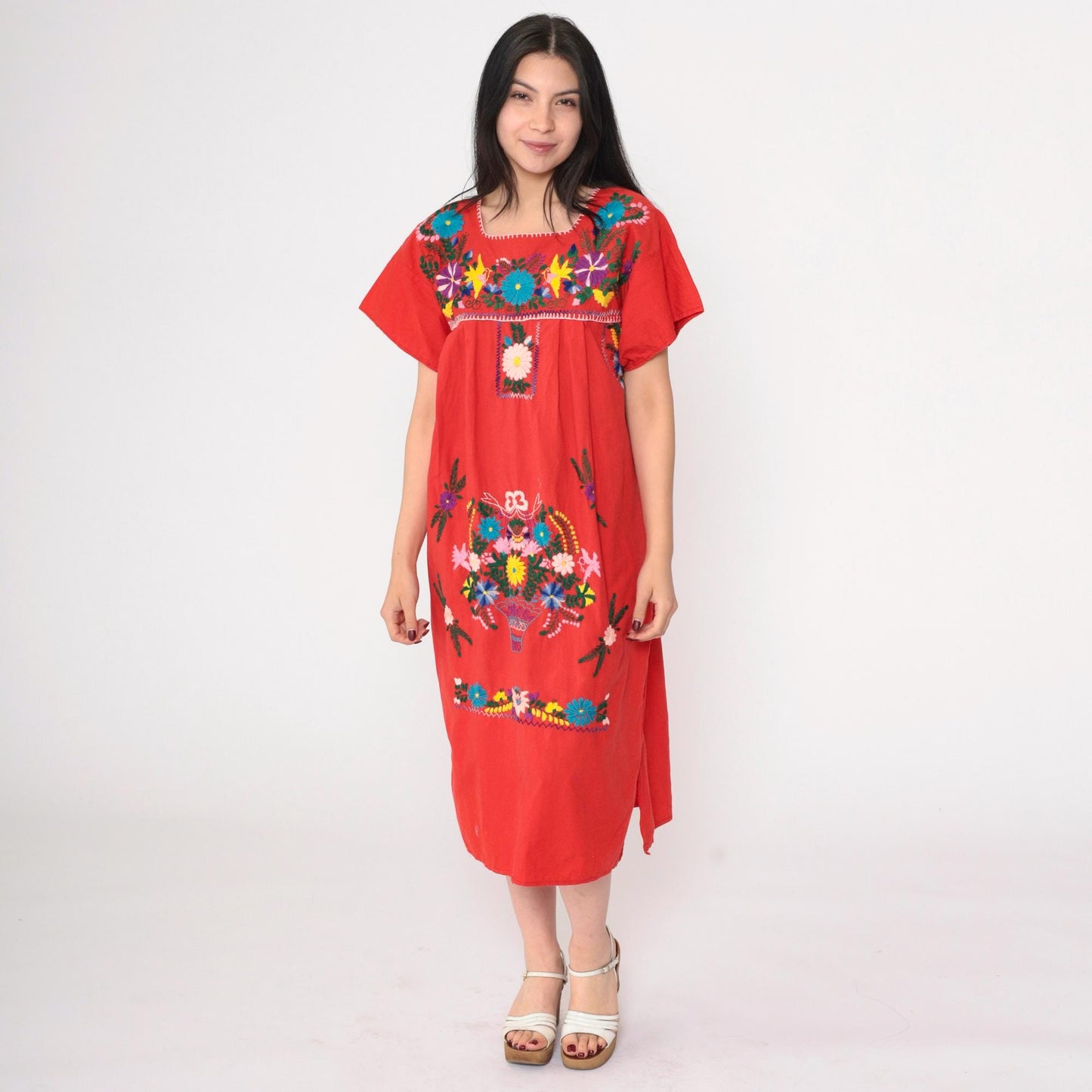 90s Red Mexican Midi Dress Embroidered Floral Short Sleeve Medium
