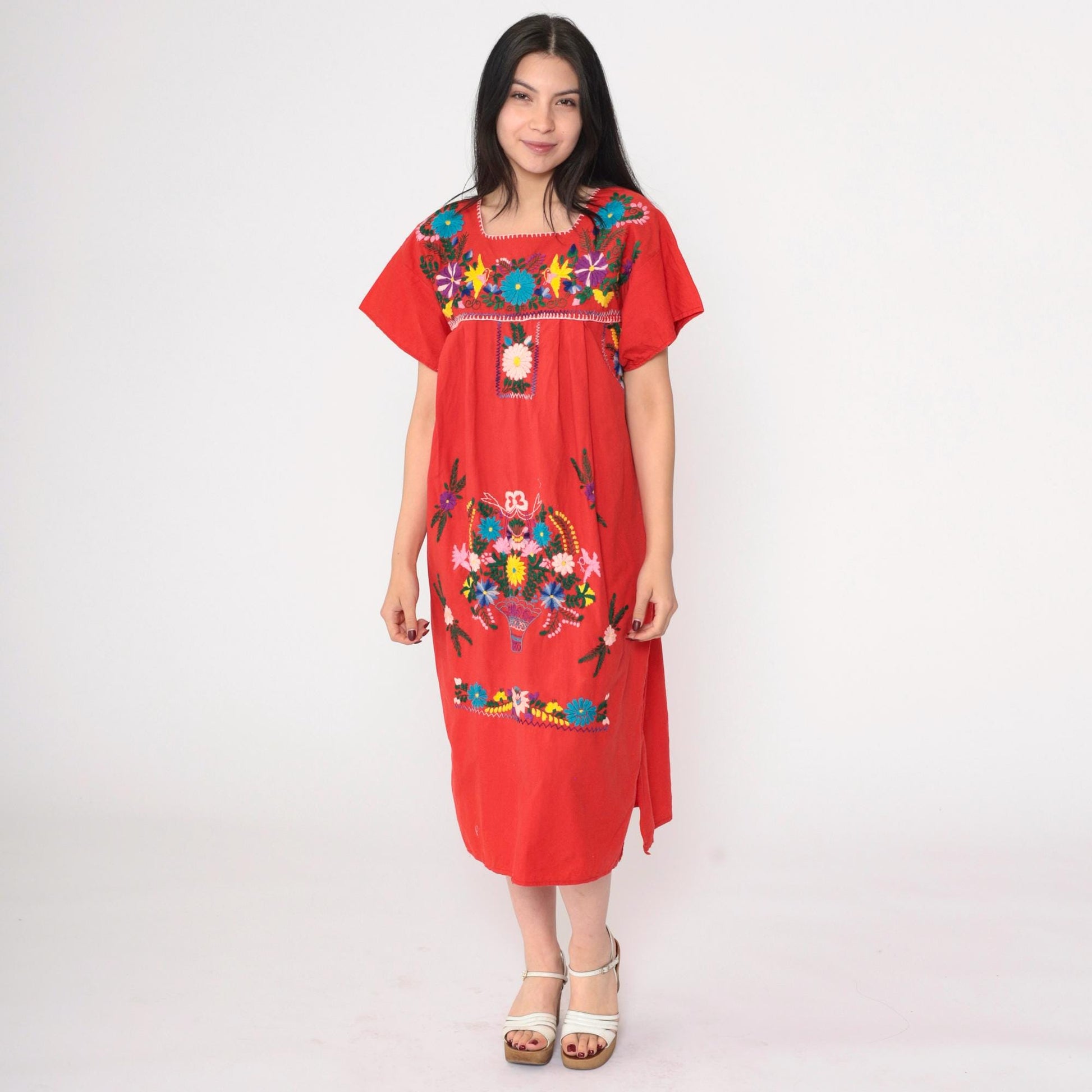 90s Red Mexican Midi Dress Embroidered Floral Short Sleeve Medium