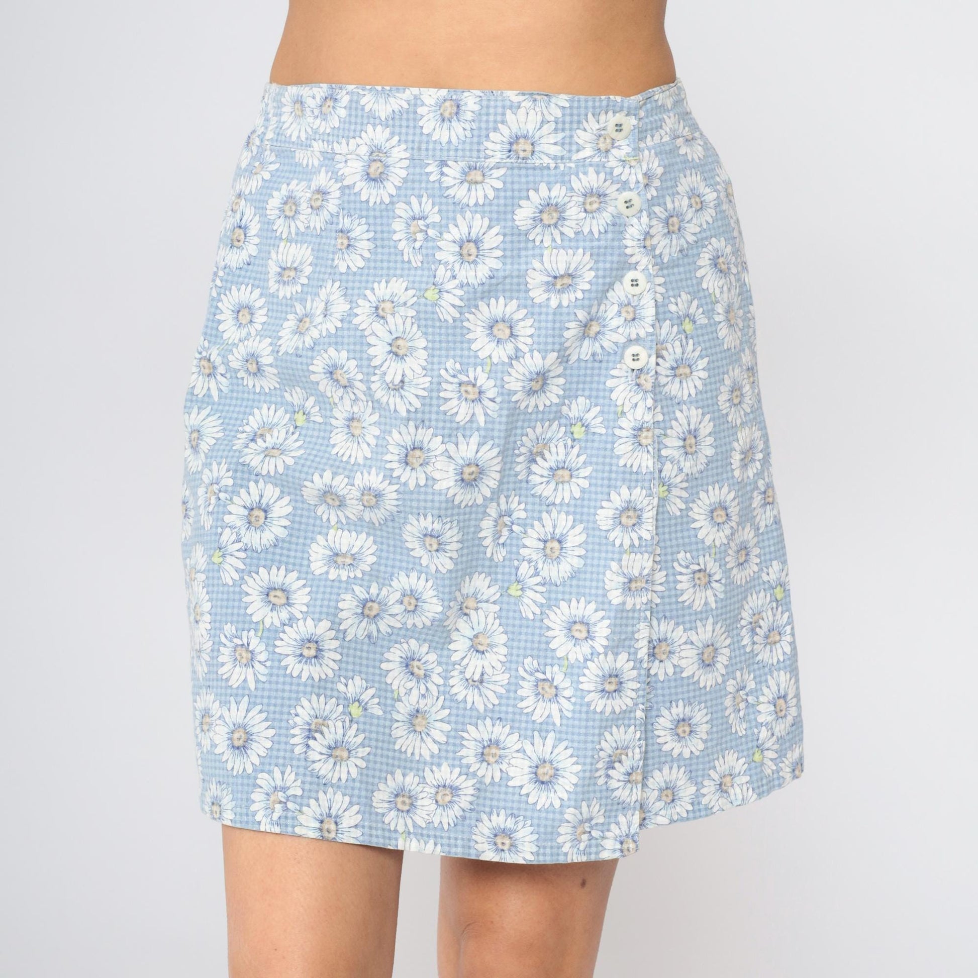 90s Paquette Byer California Floral Gingham Skort Baby Blue High Waist Mini Medium