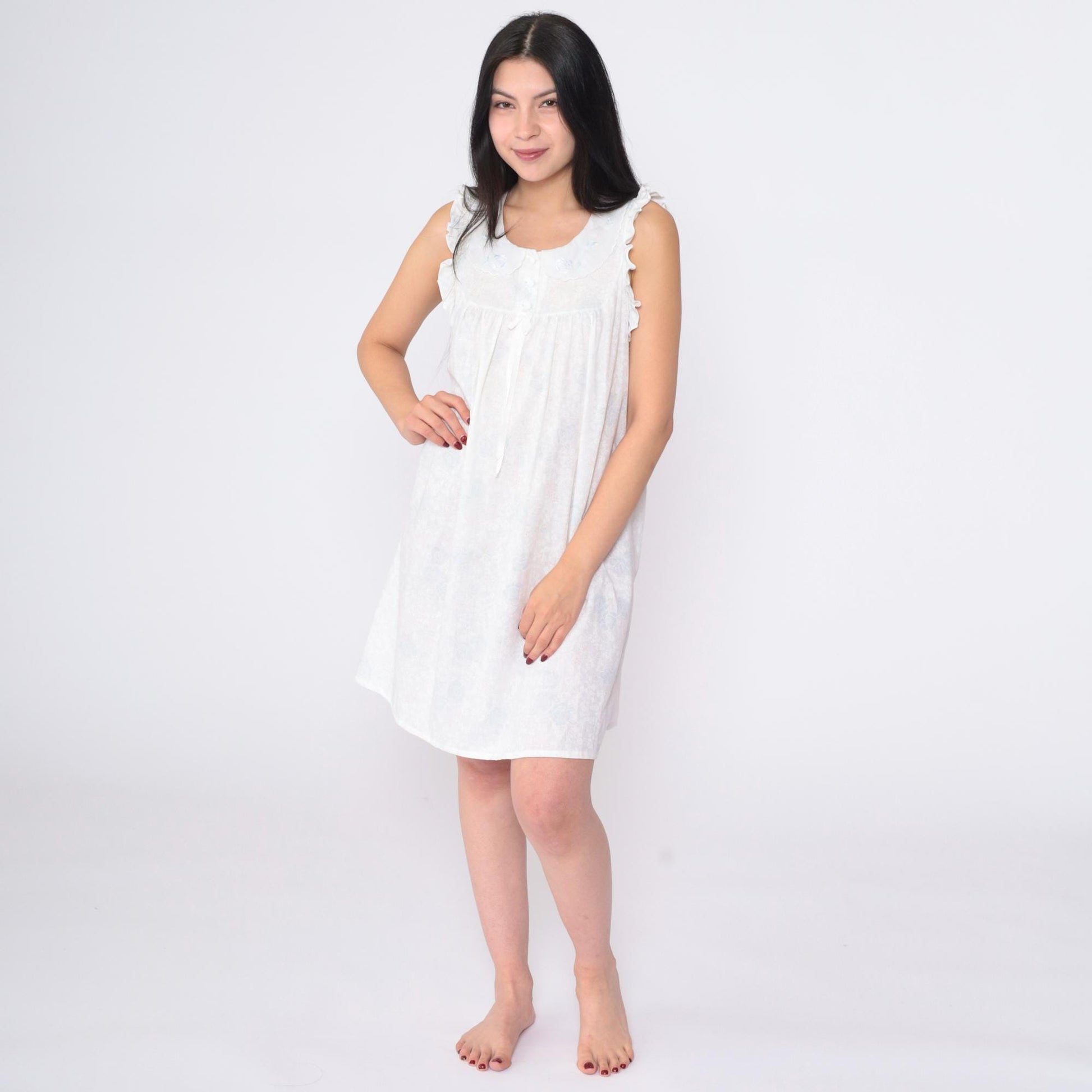 90s White Floral Nightgown Peter Pan Collar Embroidered Ruffled Mini Small