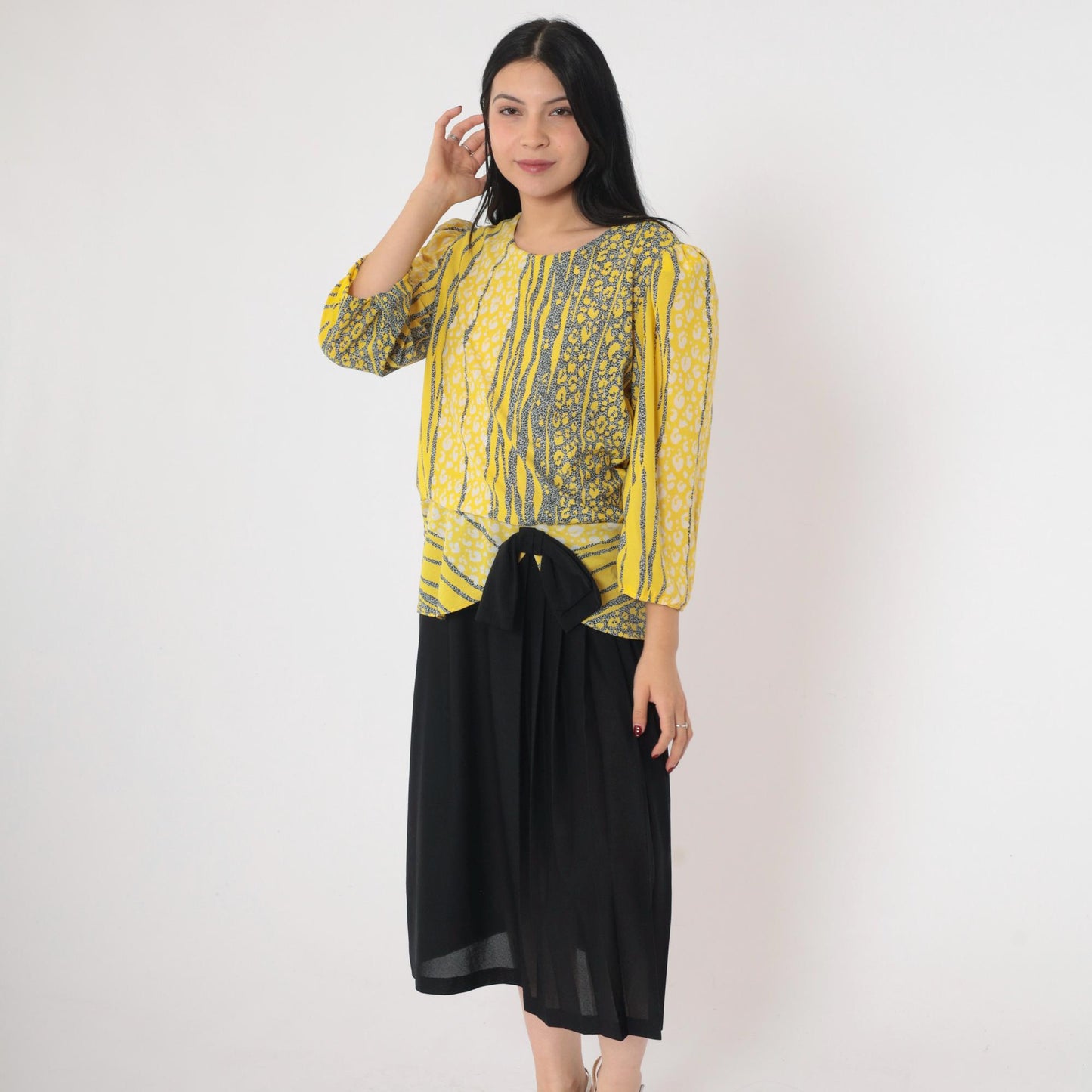 80s Yellow Leopard Striped Midi Dress Puff Sleeve Peplum Bow Drop Waist Large