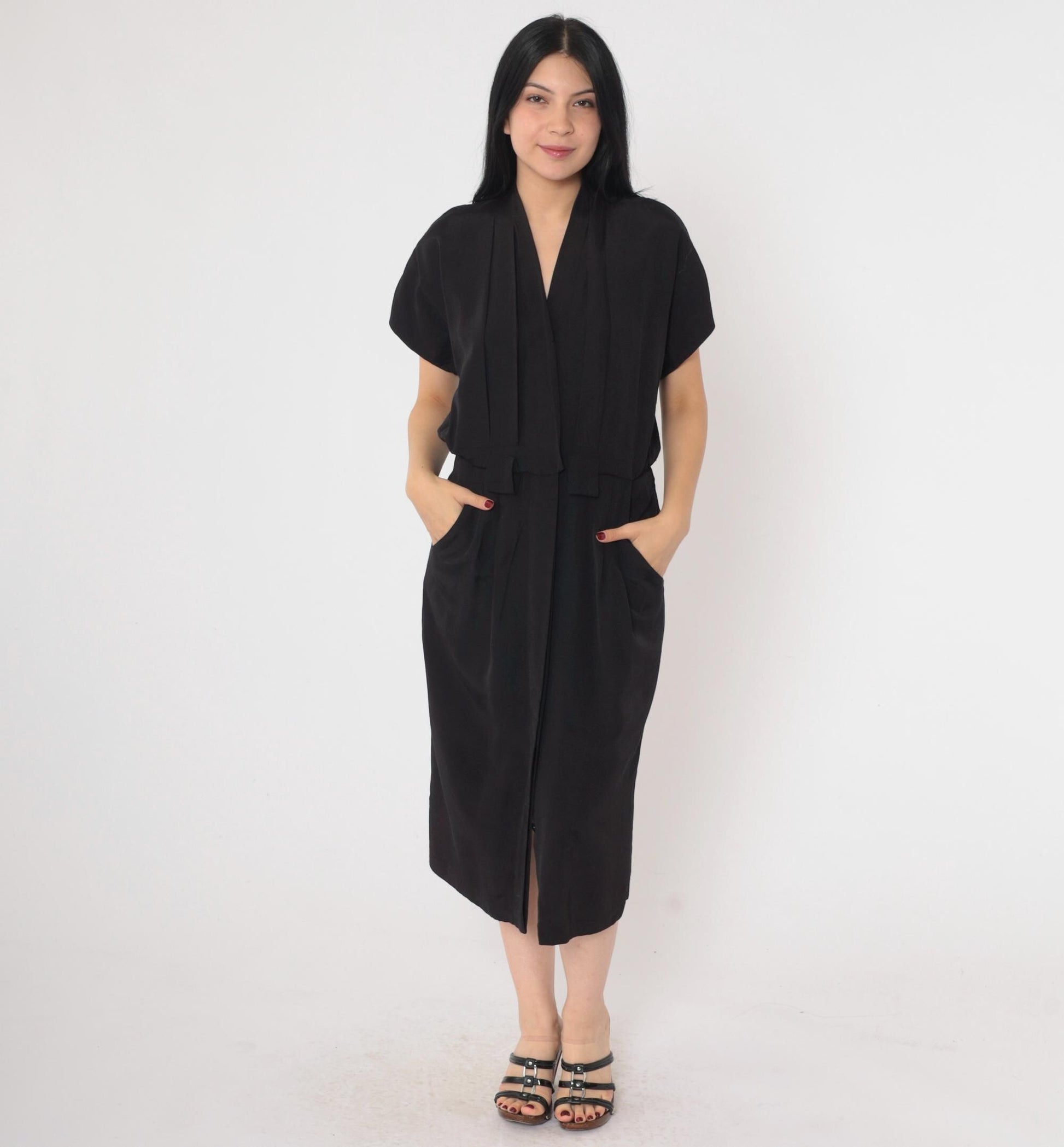 90s Black Button-Up Midi Dress V-Neck Pleated Sheath Small Petite