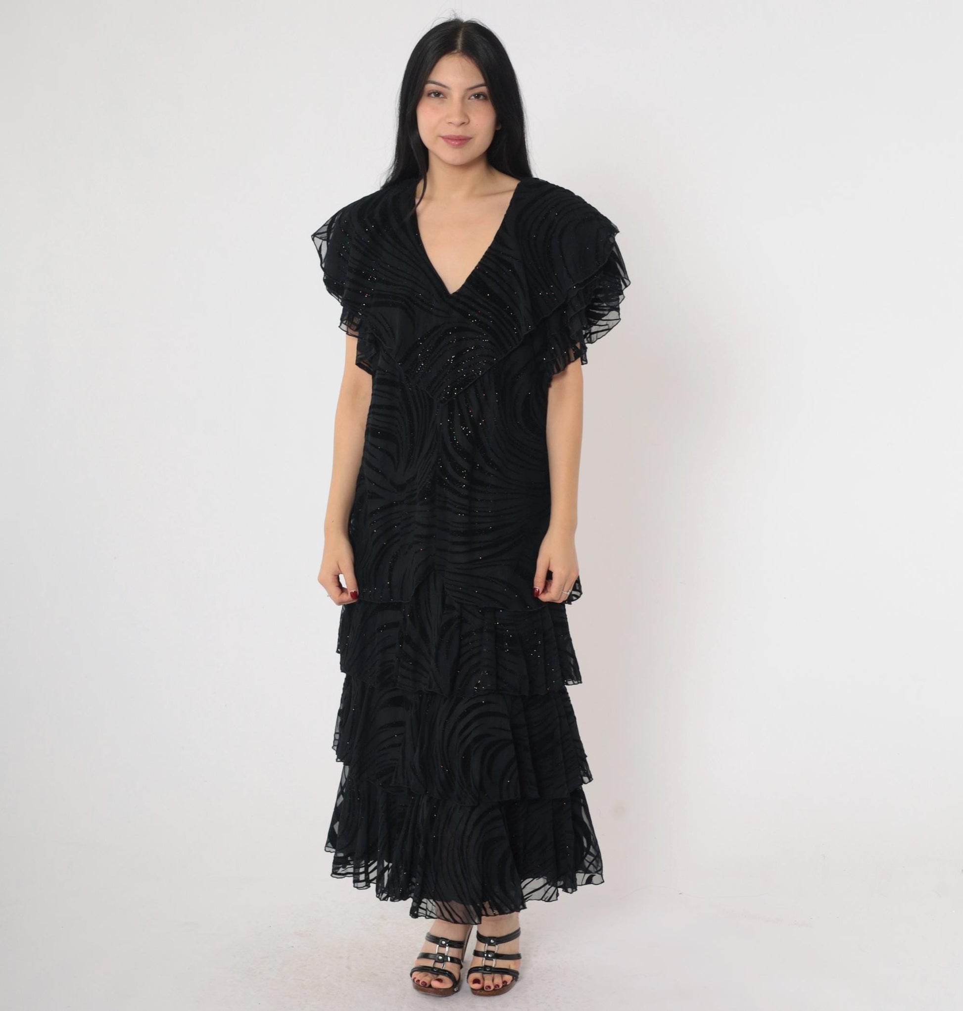 90s Black Glitter Tiger Stripe Dress Flutter Sleeve V-Neck Ankle Length Large L