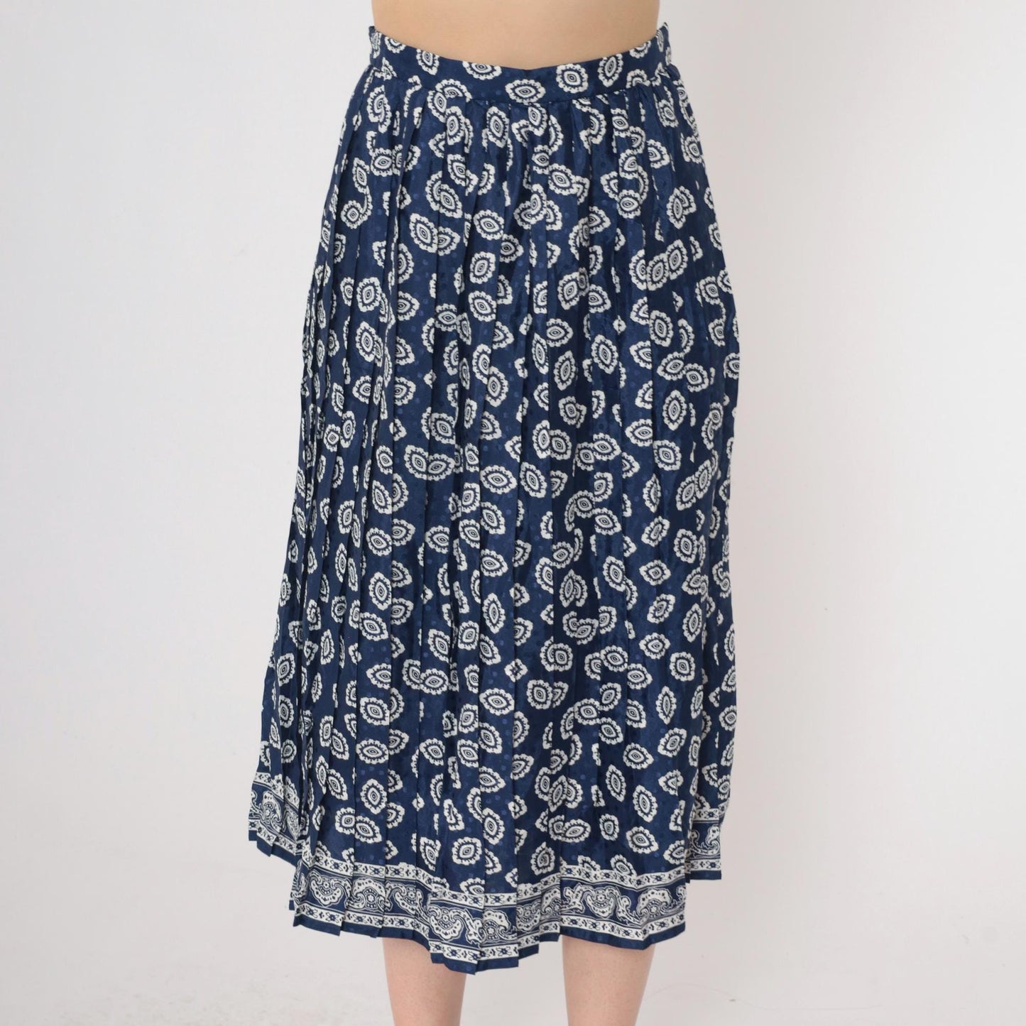 90s Geometric Midi Skirt High Waisted Pleated Blue Paisley Print Small
