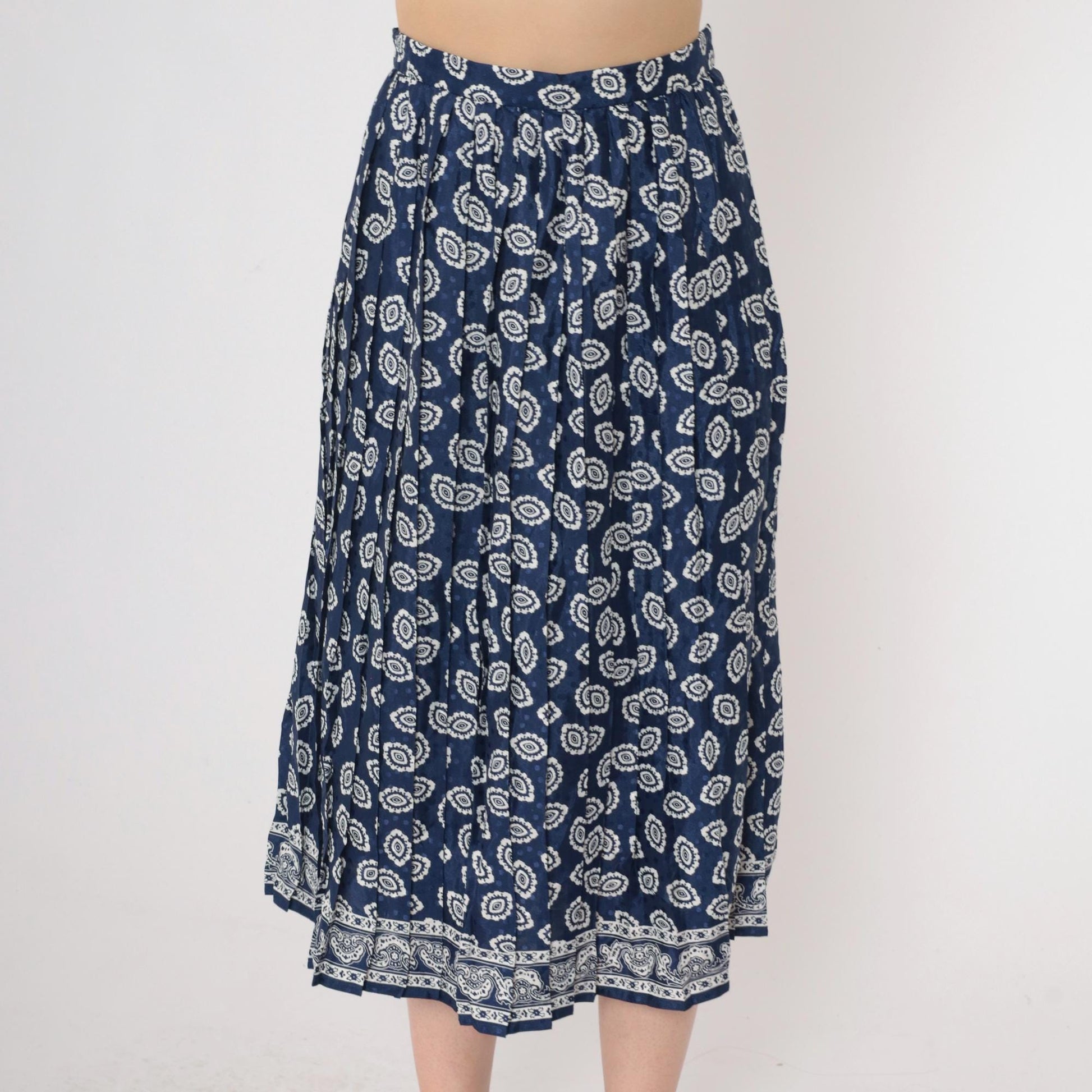 90s Geometric Midi Skirt High Waisted Pleated Blue Paisley Print Small