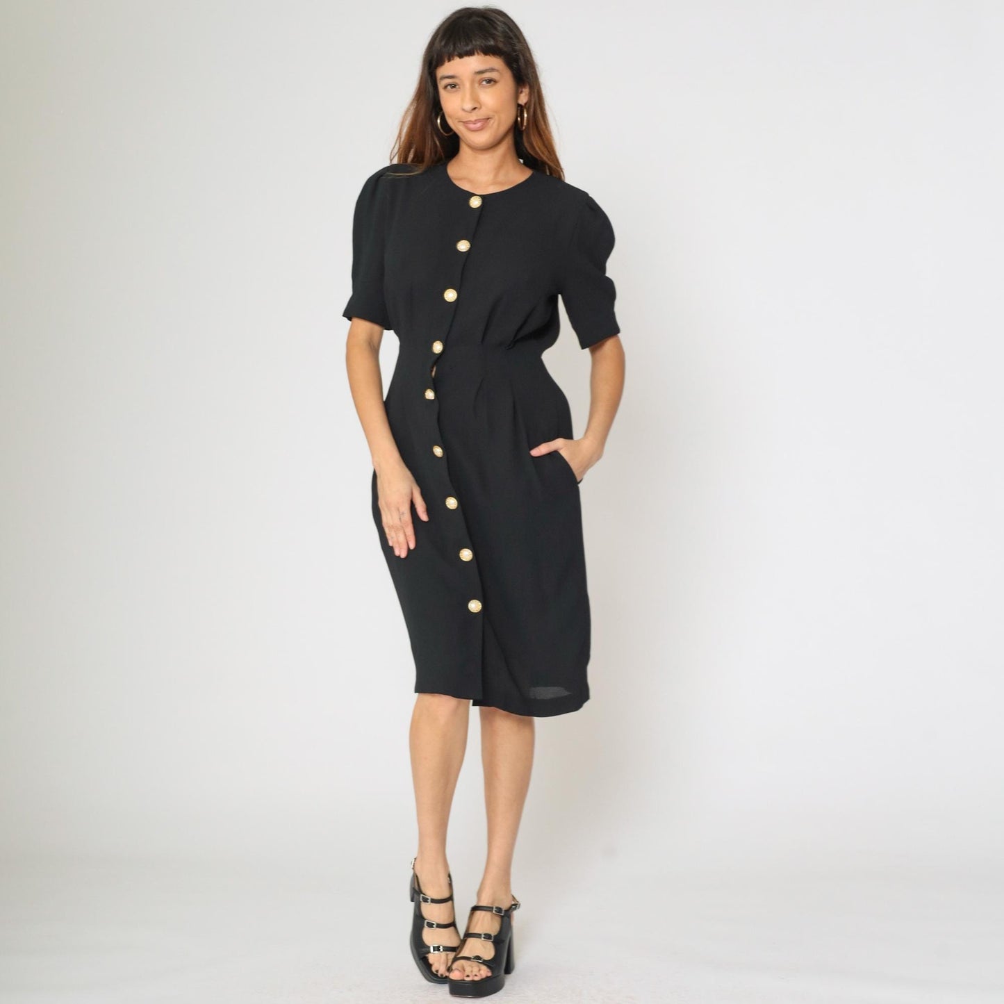 90s Ms Chaus Black Button-Up Midi Dress Puff Sleeve Pencil Medium 8